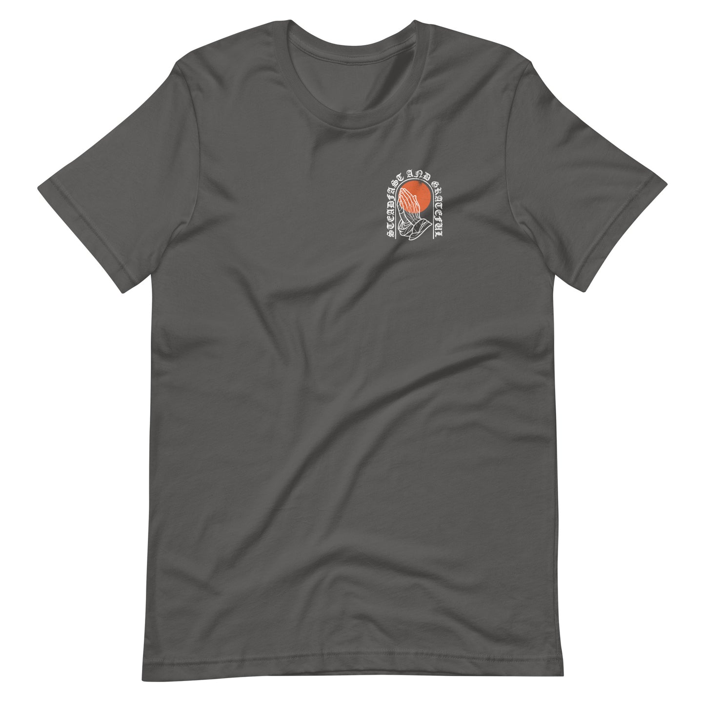 Gray short sleeve Steadfast & Grateful Tee, Front, Christian Apparel