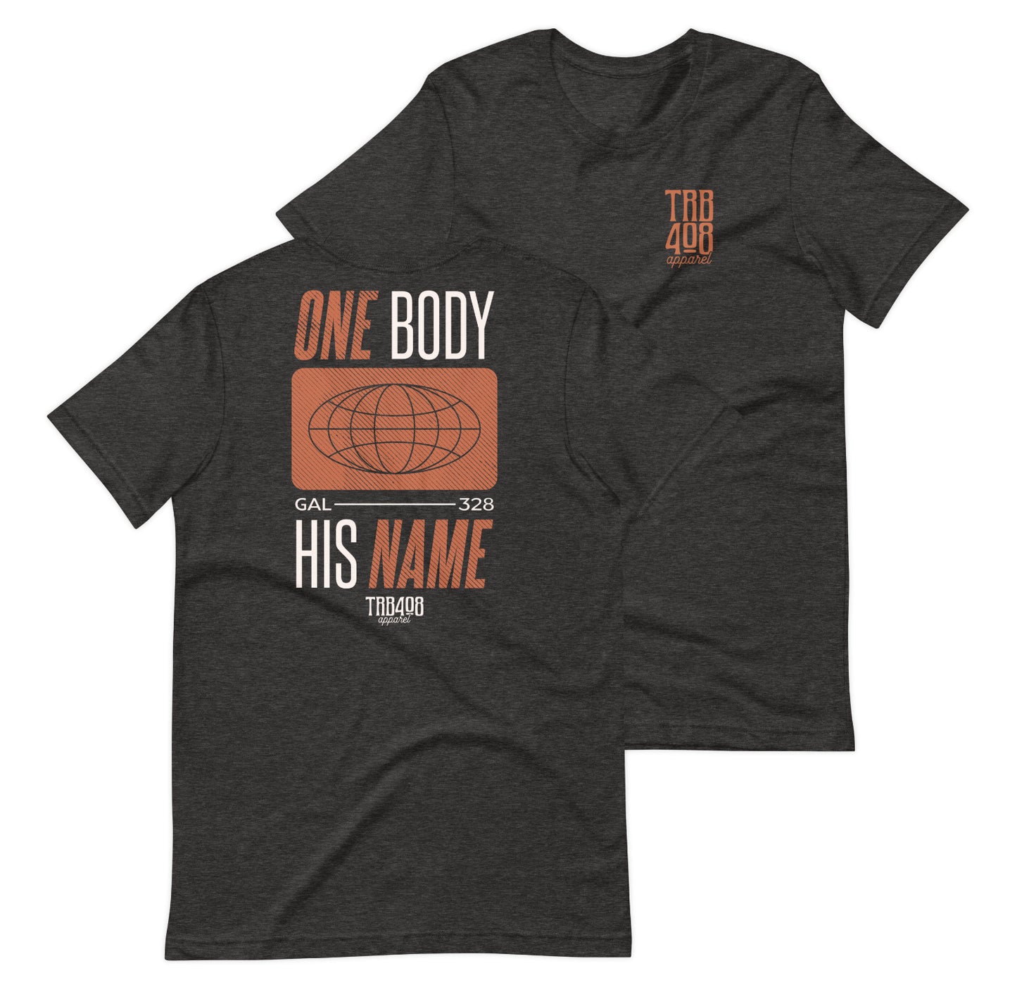 Gray short sleeve Tribe Globe Tee, Front and Back, Christian Apparel