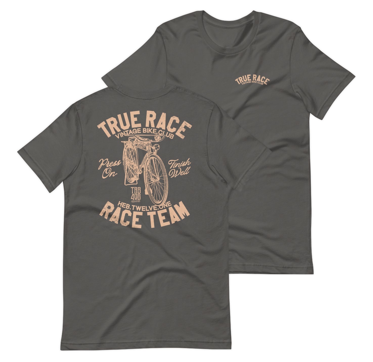 Gray short sleeve True Race Tee, Front and Back, Christian Apparel