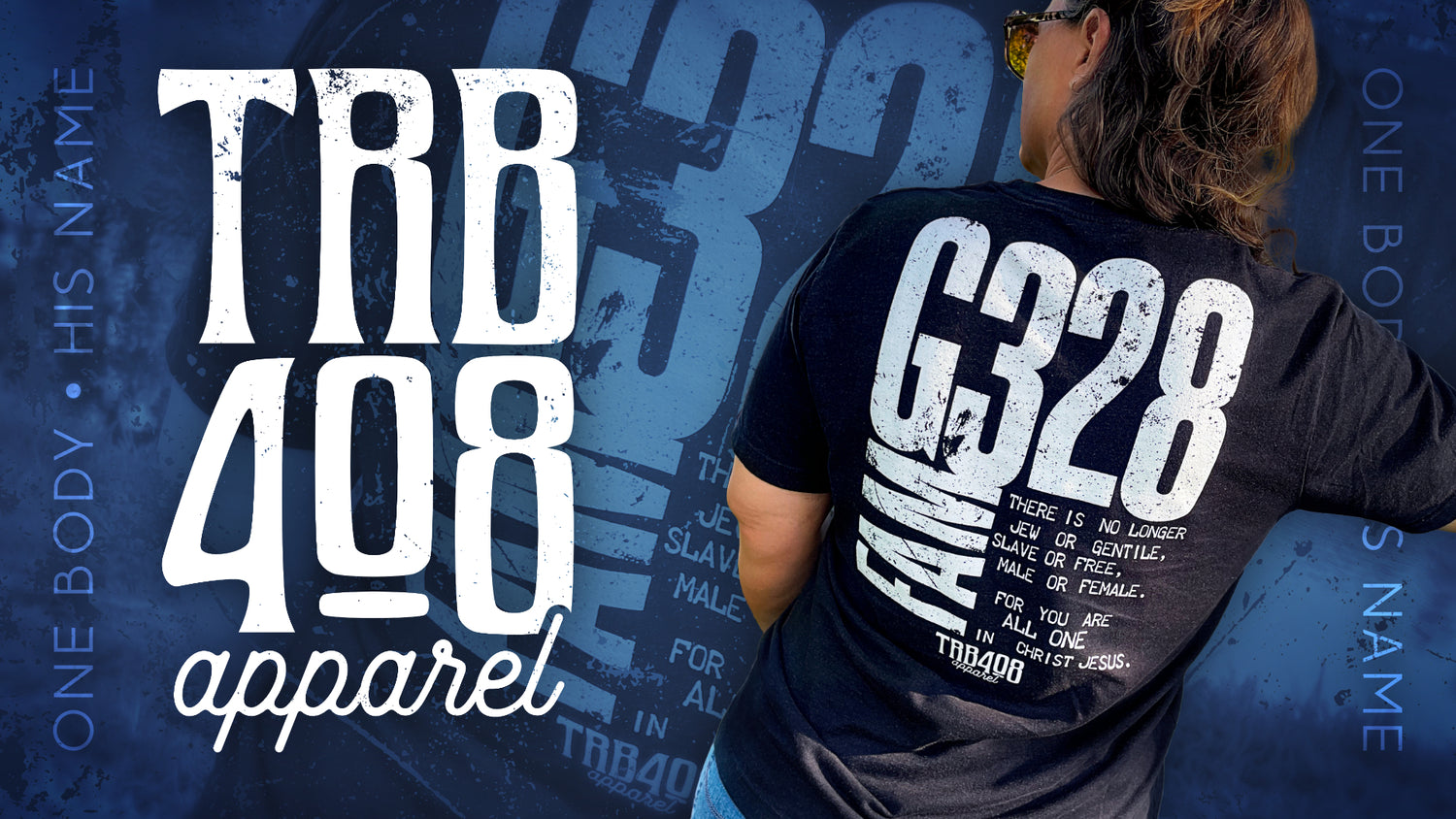 Homepage Picture of The G-Fam Tee and the TRIBE408 Apparel Logo, Blue Background