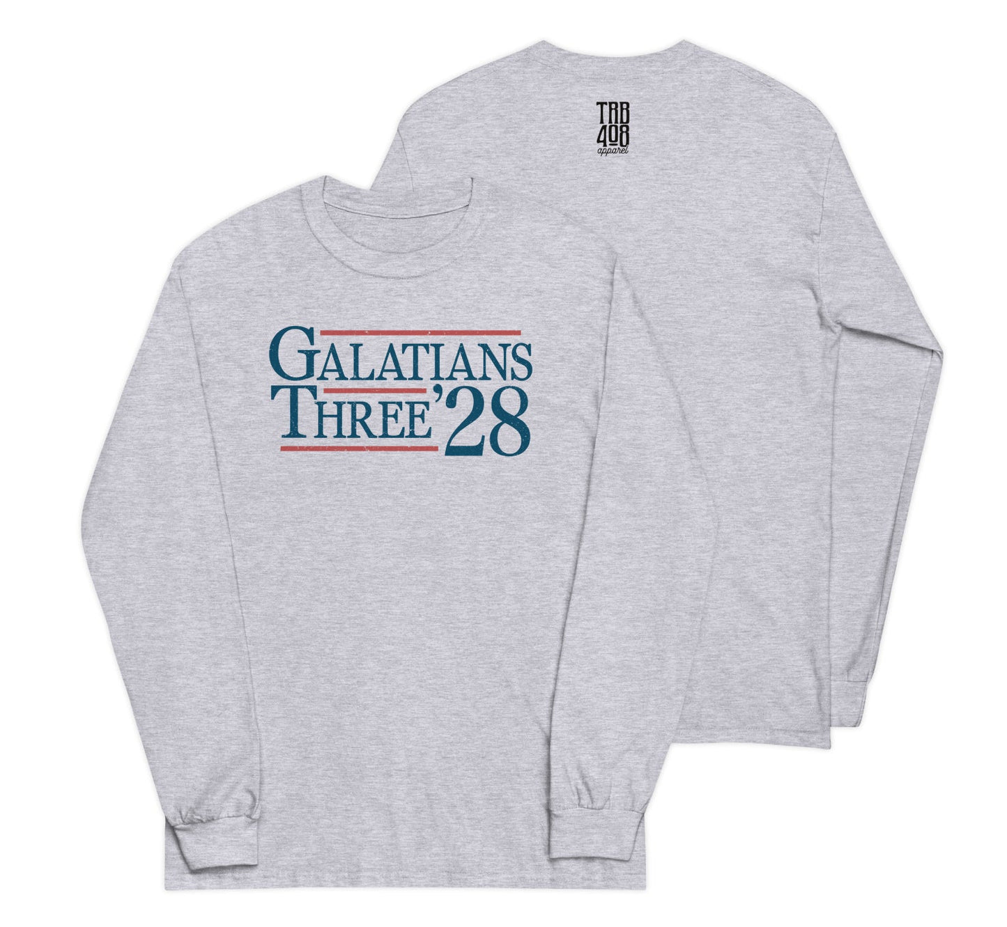 Light Gray long sleeve Tribe '28 Tee, Front and Back, Christian Apparel