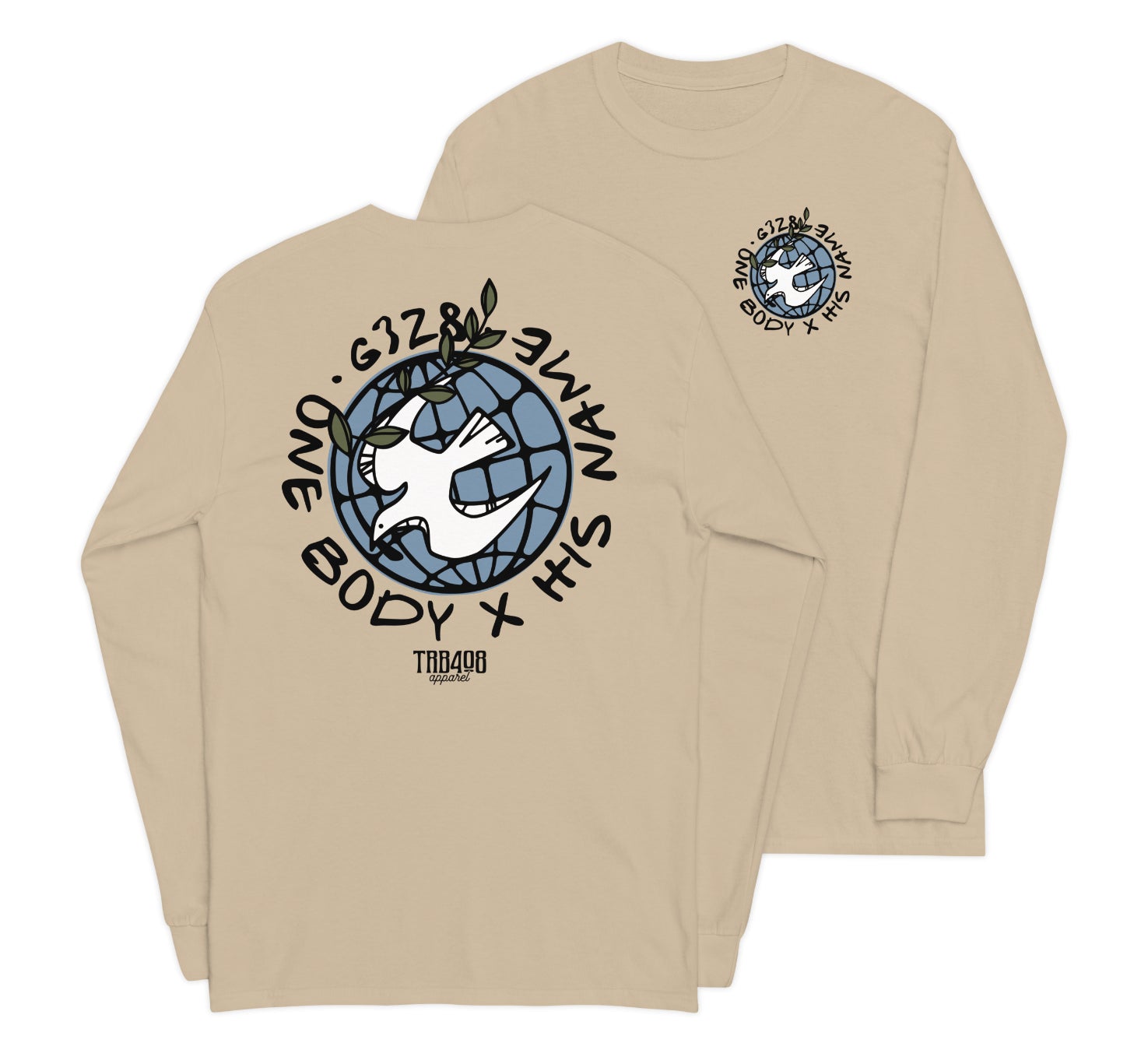 Sand long sleeve G328 Globe Tee, Front and Back, Christian Apparel