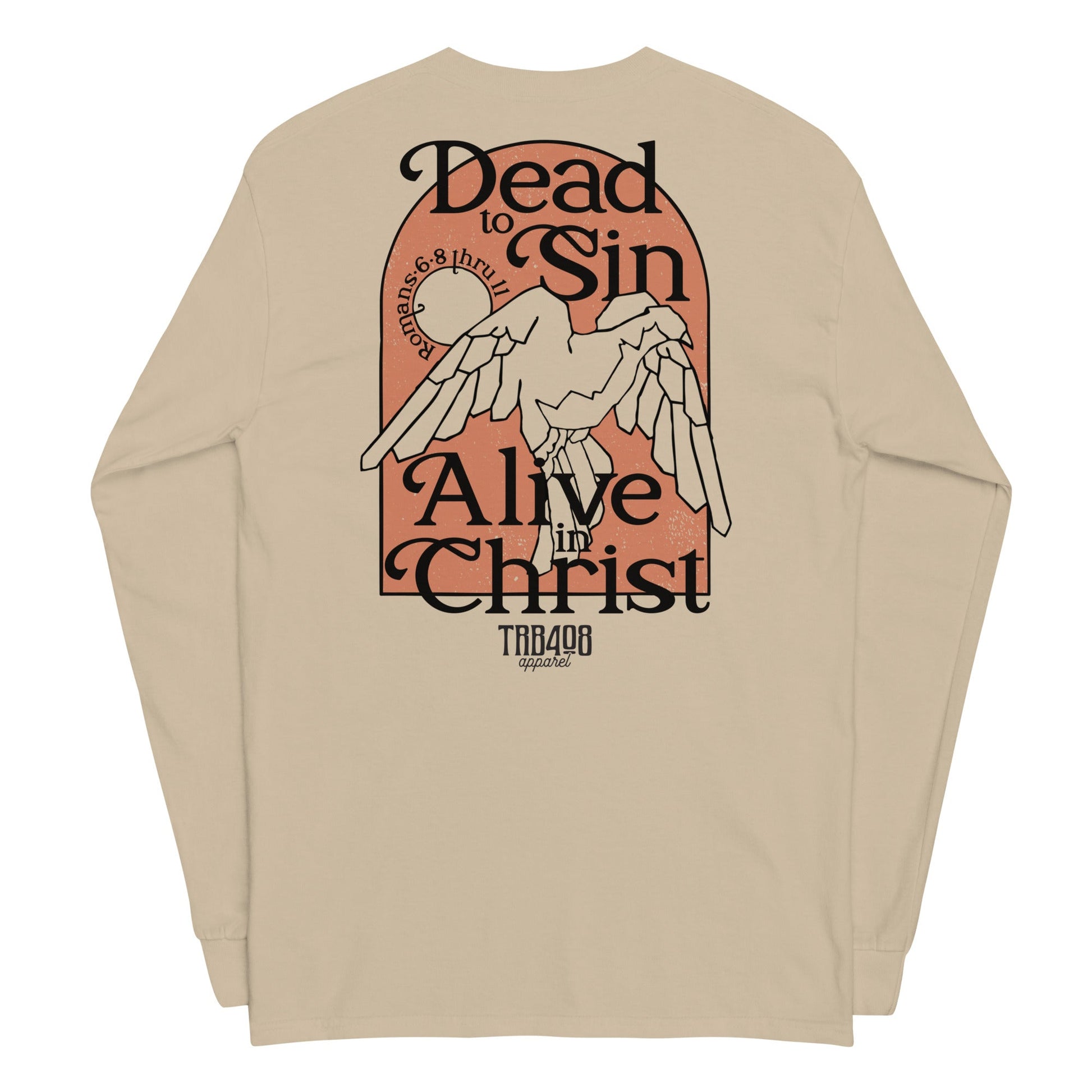 Sand long sleeve Alive In Christ Tee, Back, Christian Apparel