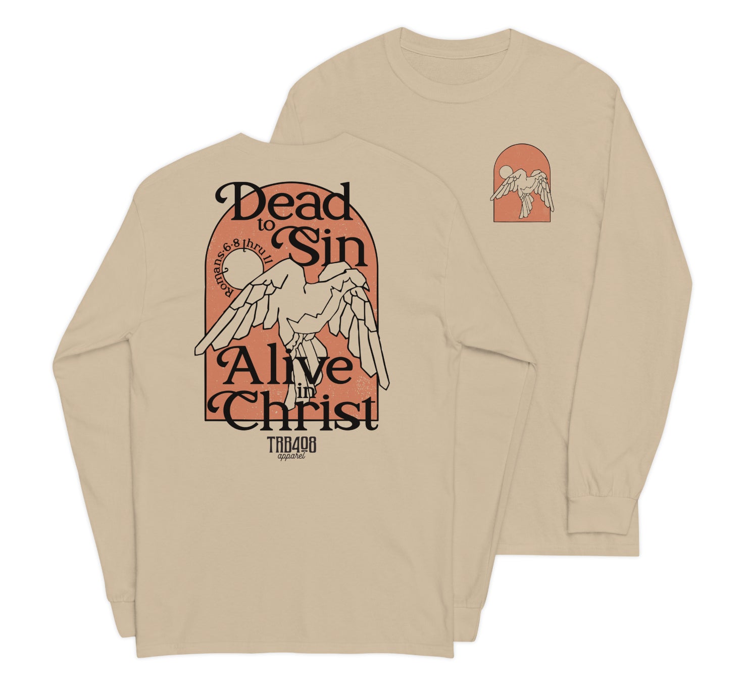 Sand long sleeve Alive In Christ Tee, Front and Back, Christian Apparel