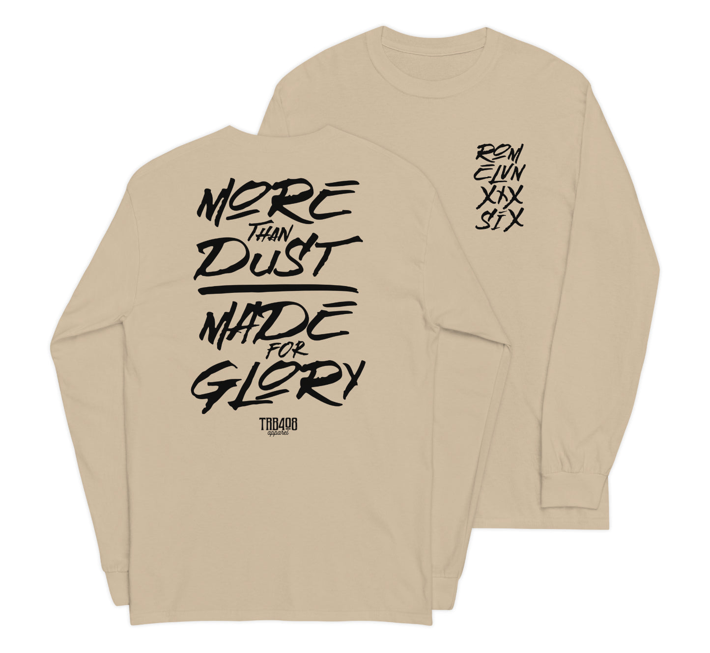 Sand long sleeve Dust & Glory Tee, Front and Back, Christian Apparel