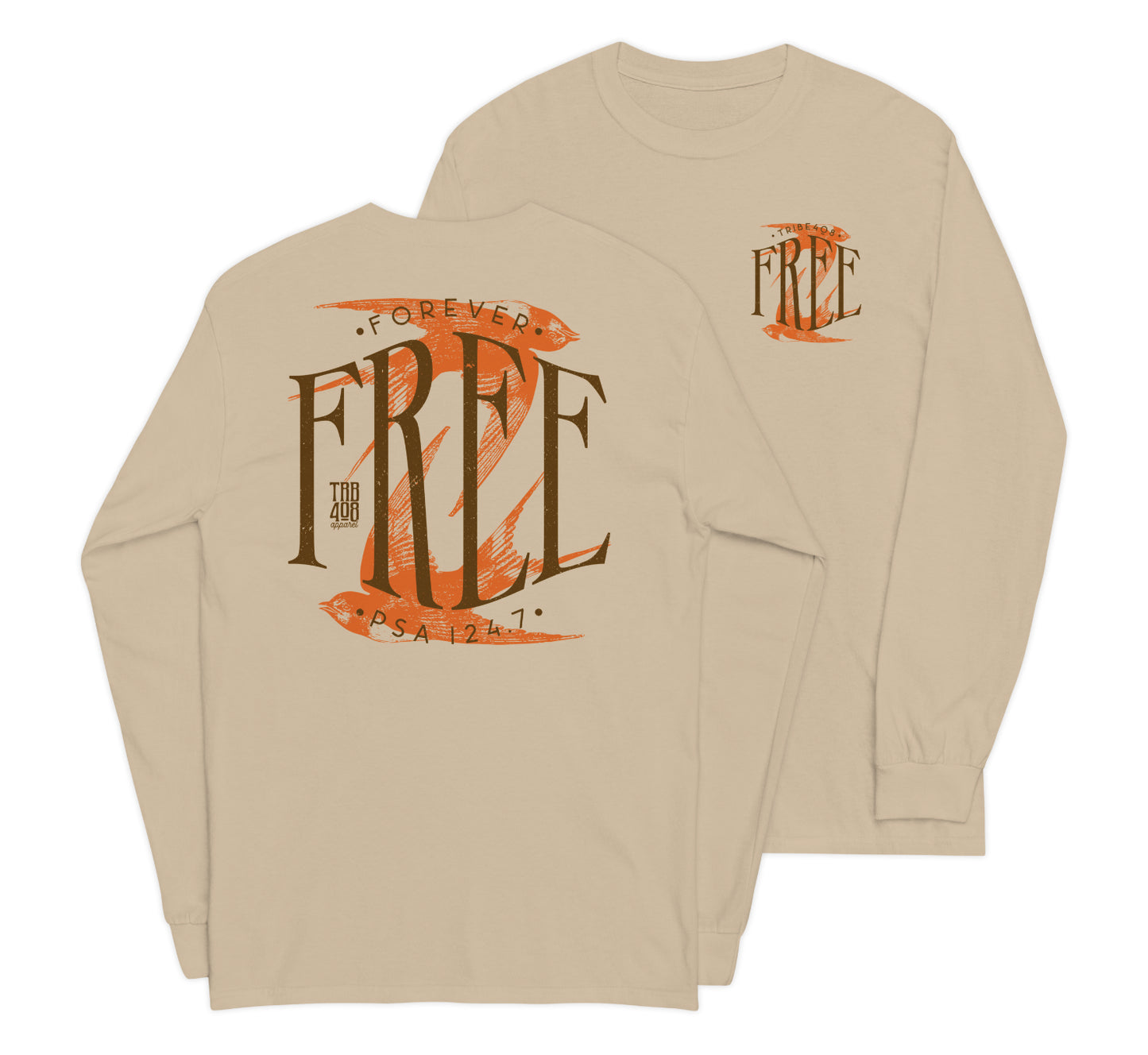 Sand long sleeve Free Bird Tee, Front and Back, Christian Apparel