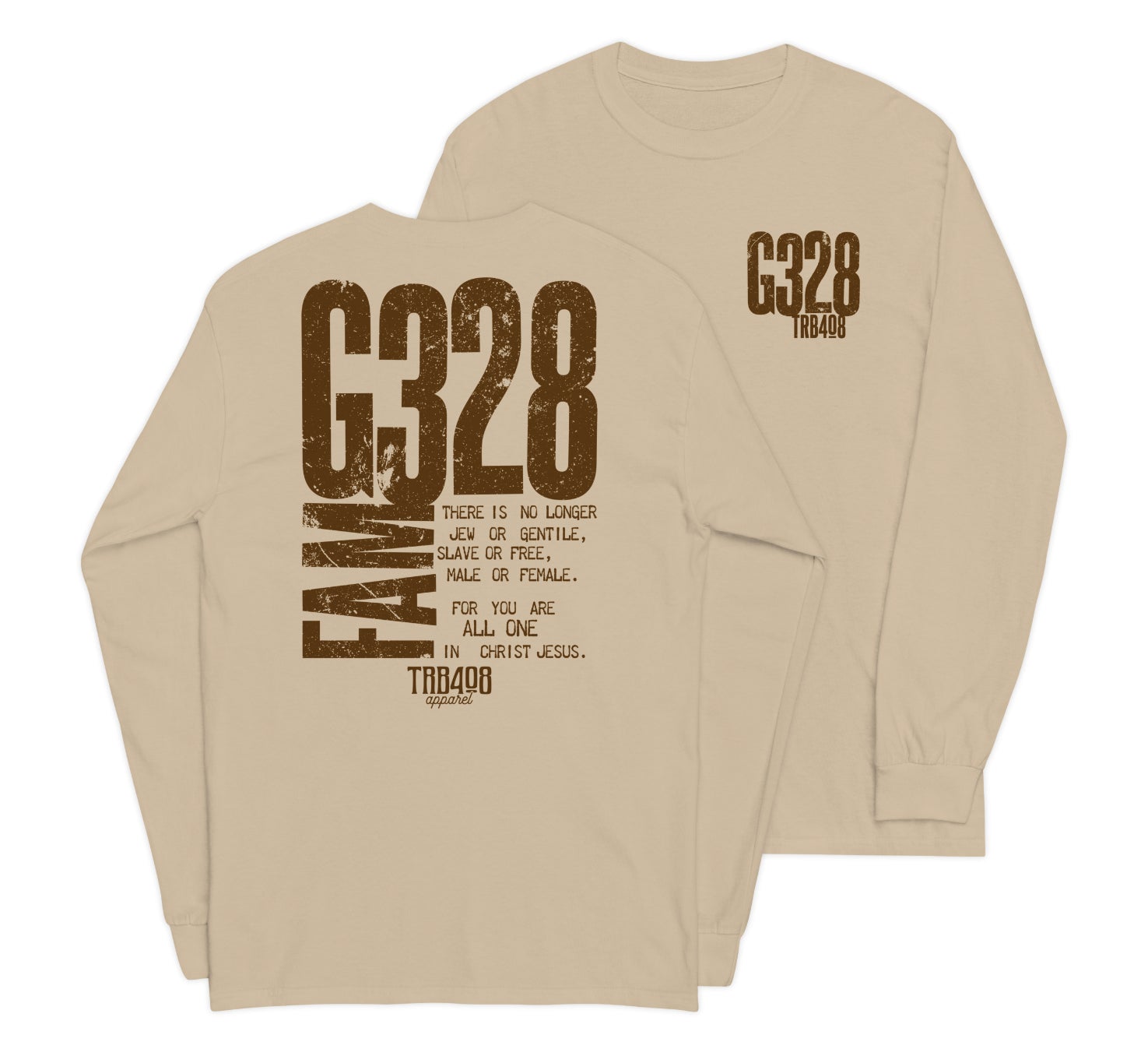 Sand long sleeve G-Fam Tee, Front and Back, Christian Apparel