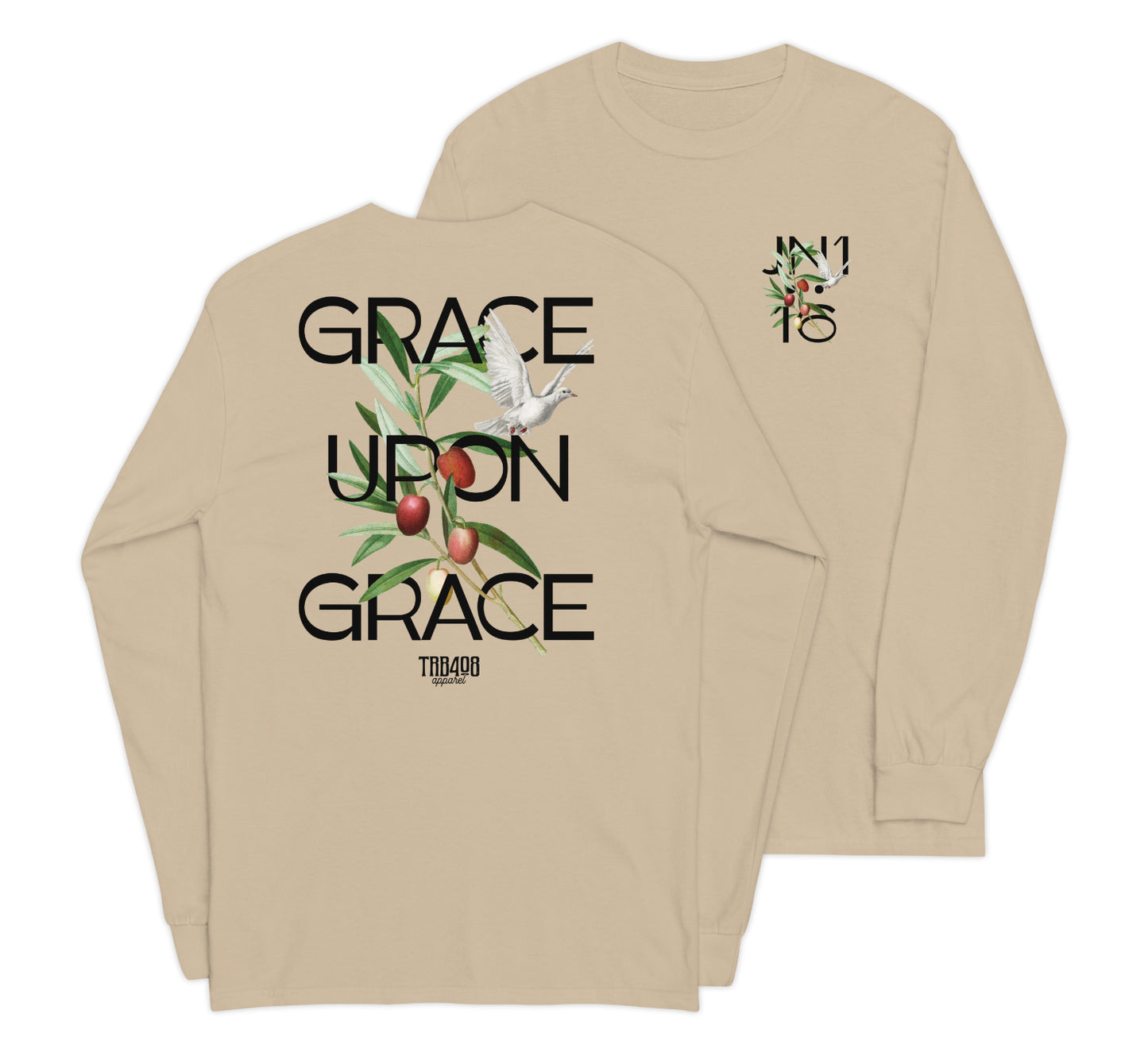 Sand long sleeve Grace Upon Grace Tee, Front and Back, Christian Apparel