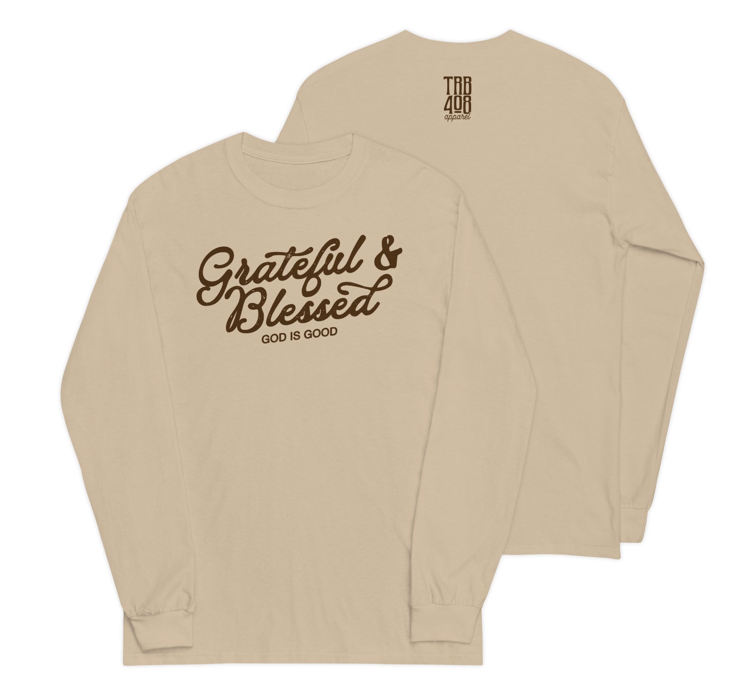 Sand long sleeve Grateful & Blessed Tee, Front and Back, Christian Apparel