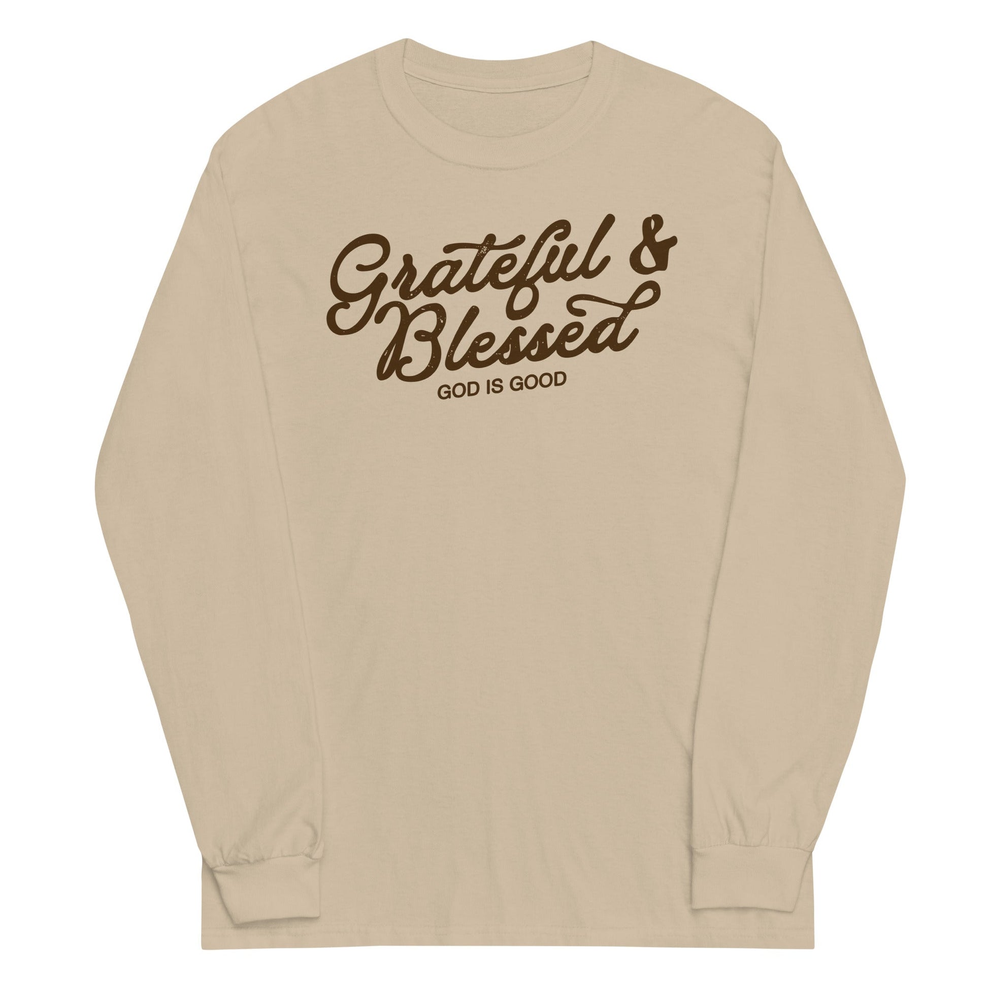 Sand long sleeve Grateful & Blessed Tee, Front, Christian Apparel
