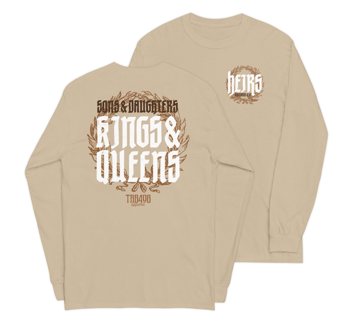 Sand long sleeve Heirs Tee, Front and Back, Christian Apparel