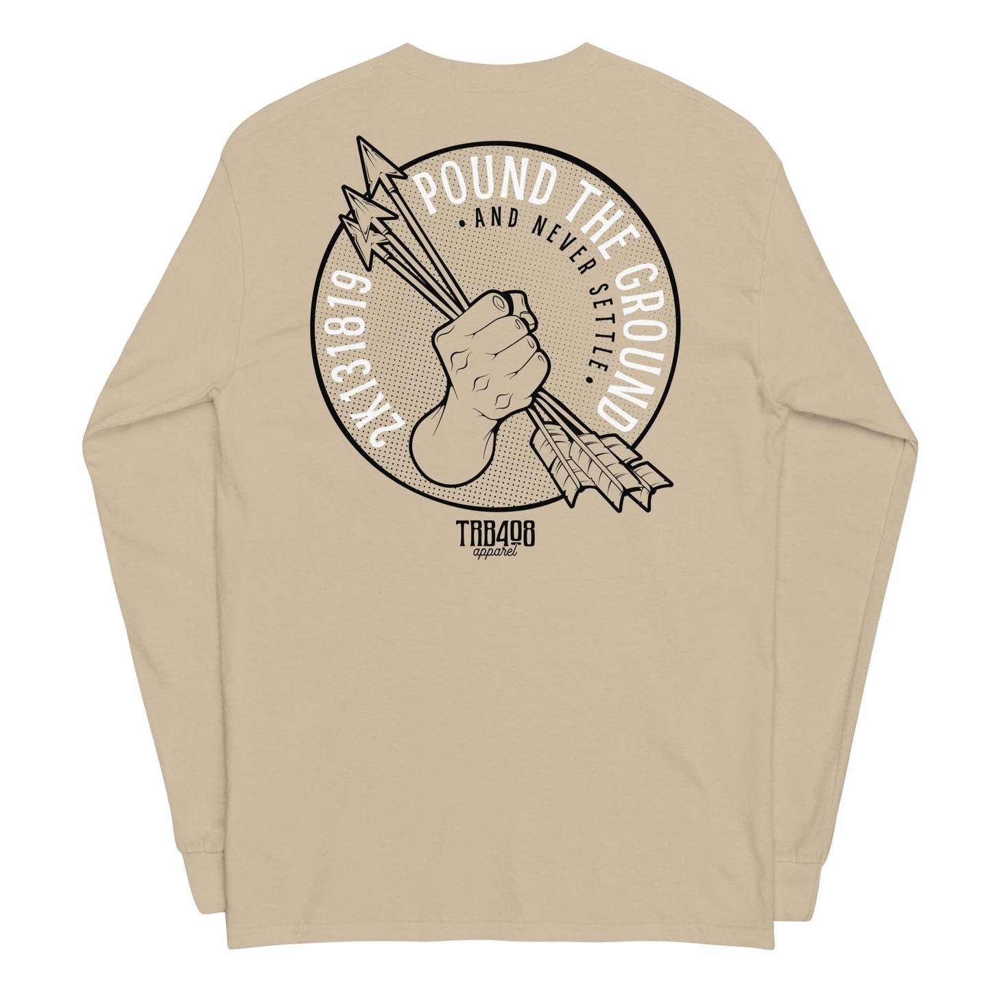 Sand long sleeve Never Settle Tee, Back, Christian Apparel