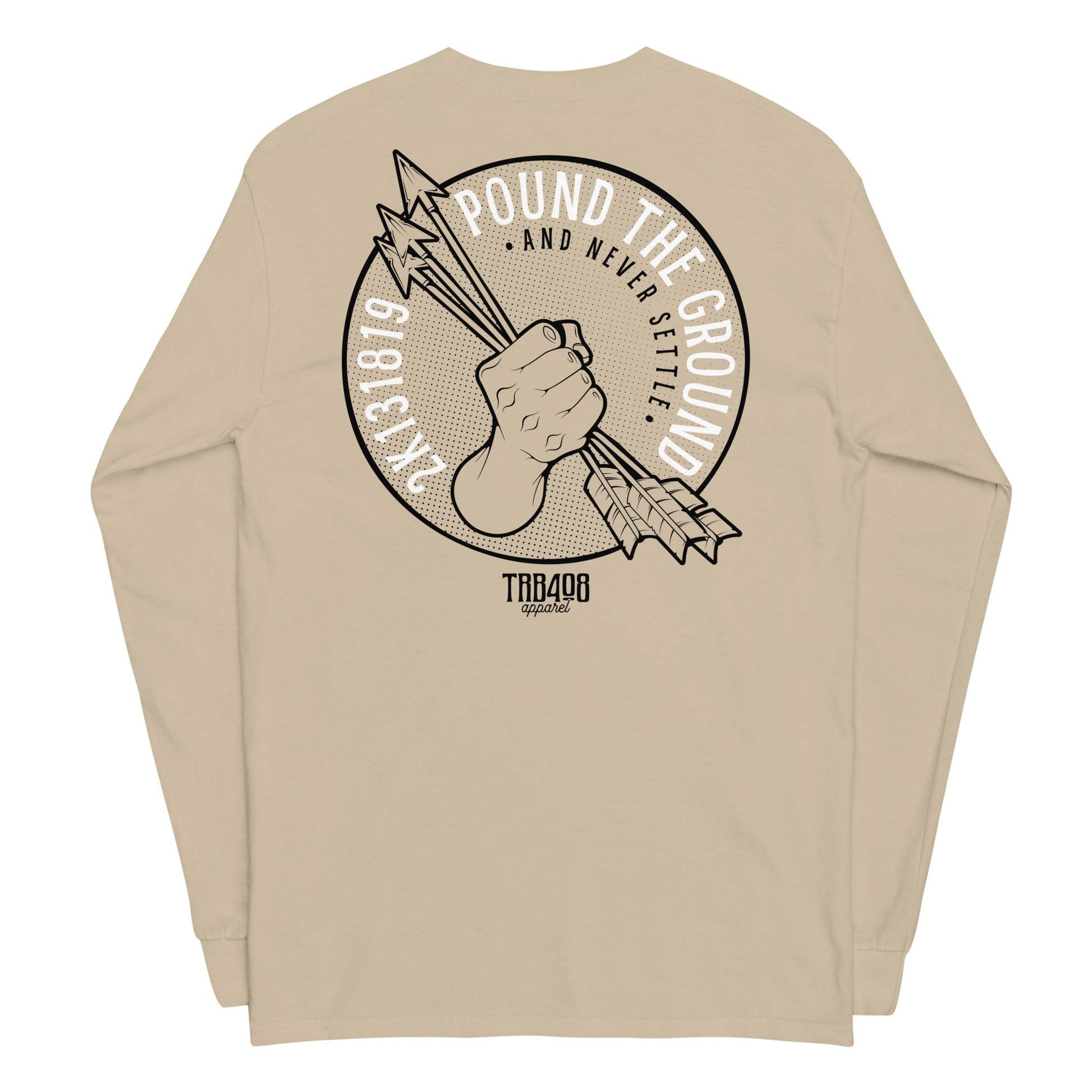Sand long sleeve Never Settle Tee, Back, Christian Apparel