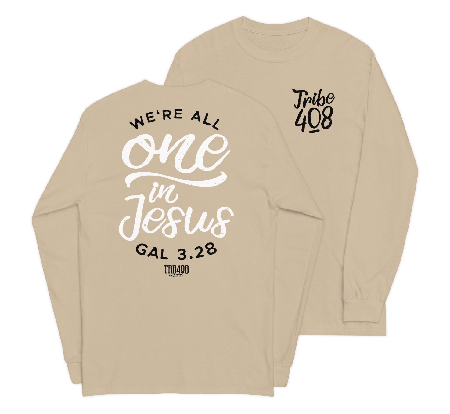 Sand long sleeve One In Jesus Tee, Front and Back, Christian Apparel