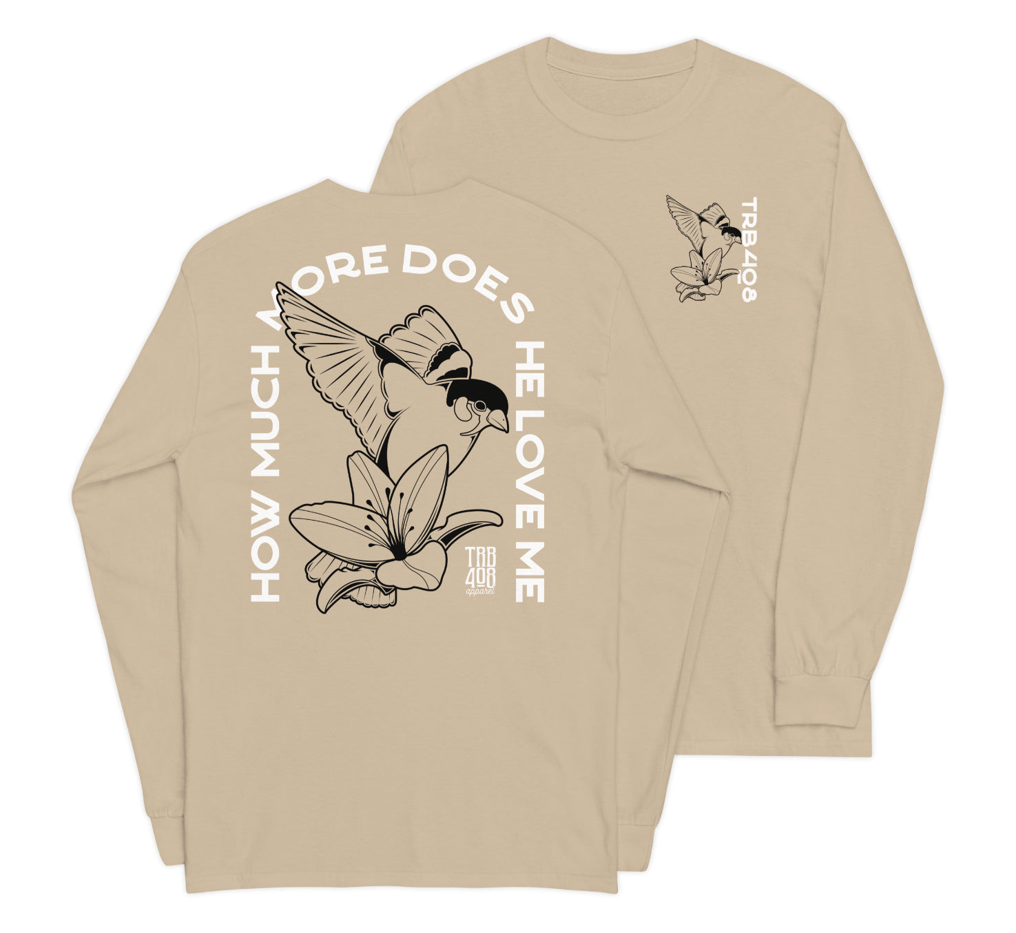 Sand long sleeve Sparrow & Lily Tee, Front and Back, Christian Apparel