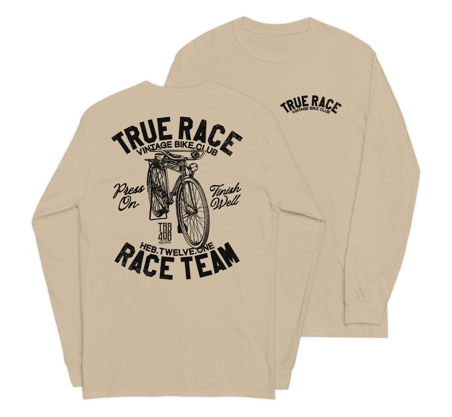 Sand long sleeve True Race Tee, Front and Back, Christian Apparel