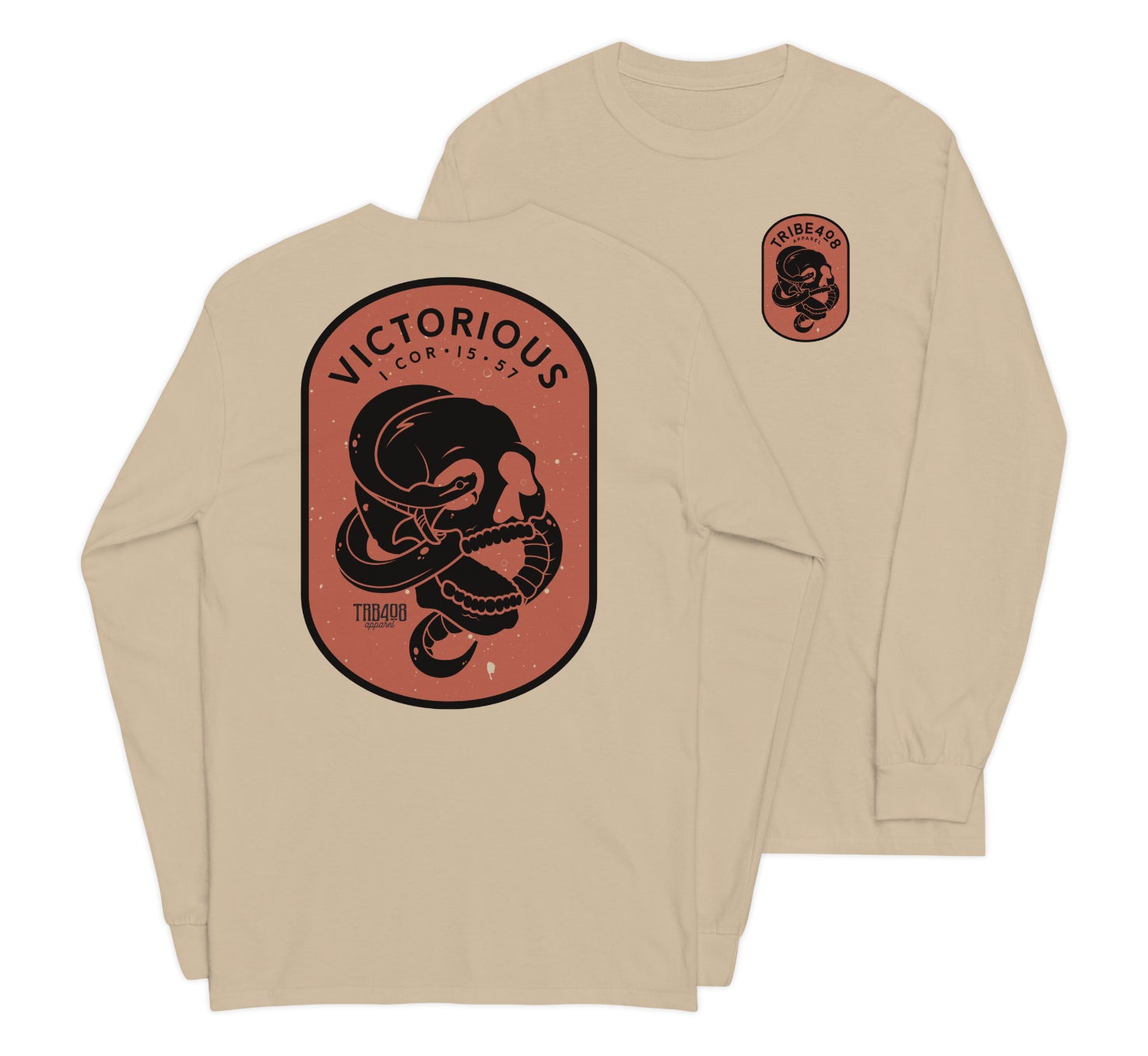 Sand long sleeve Victorious Tee, Front and Back, Christian Apparel