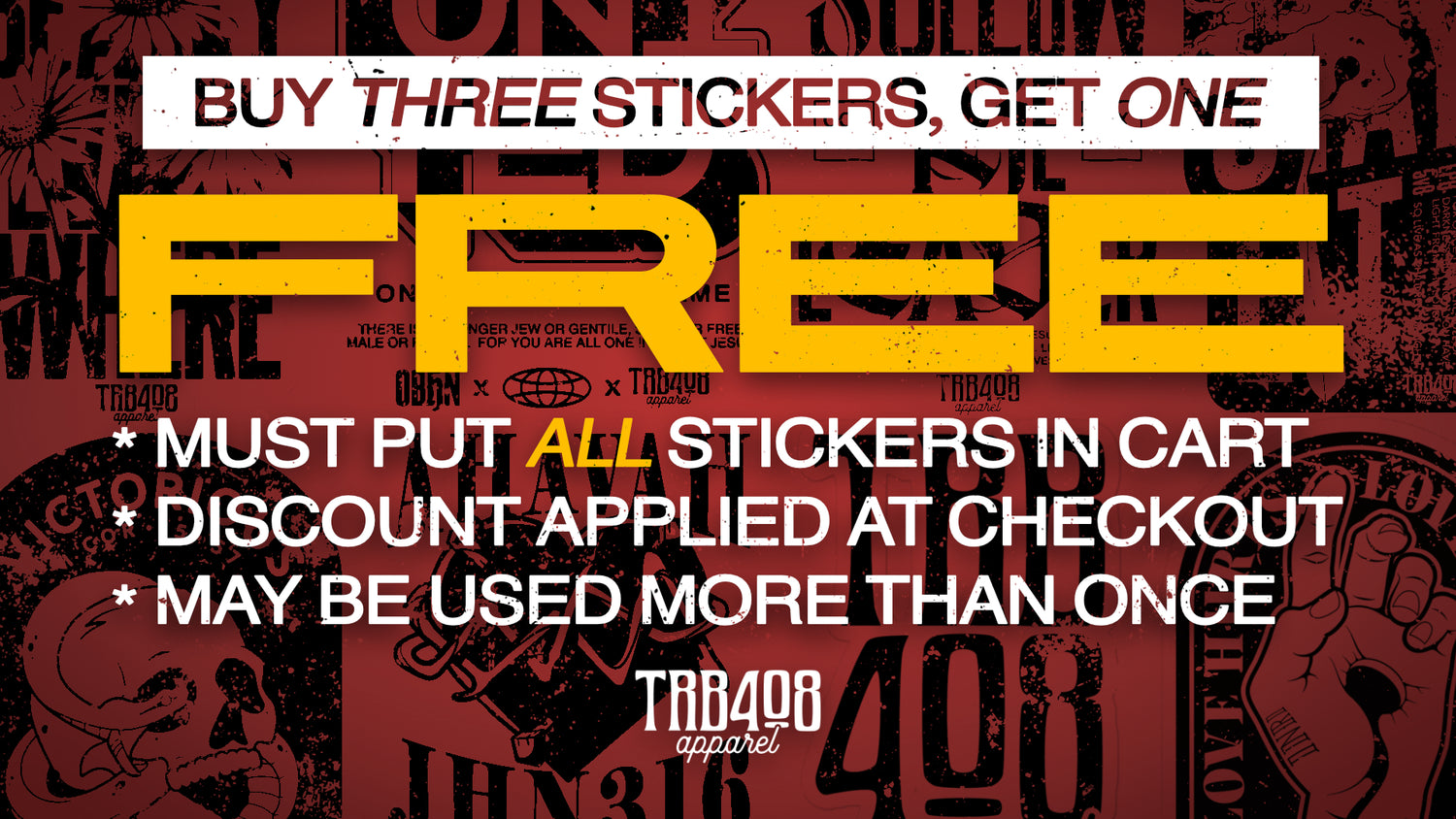 Sticker Advertisement for Buy 3 Get 1 free deal, Red and Black Sticker Background