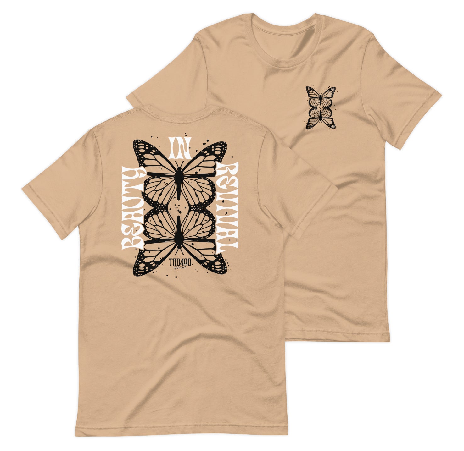Tan short sleeve Butterfly Tee, Front and Back, Christian Apparel