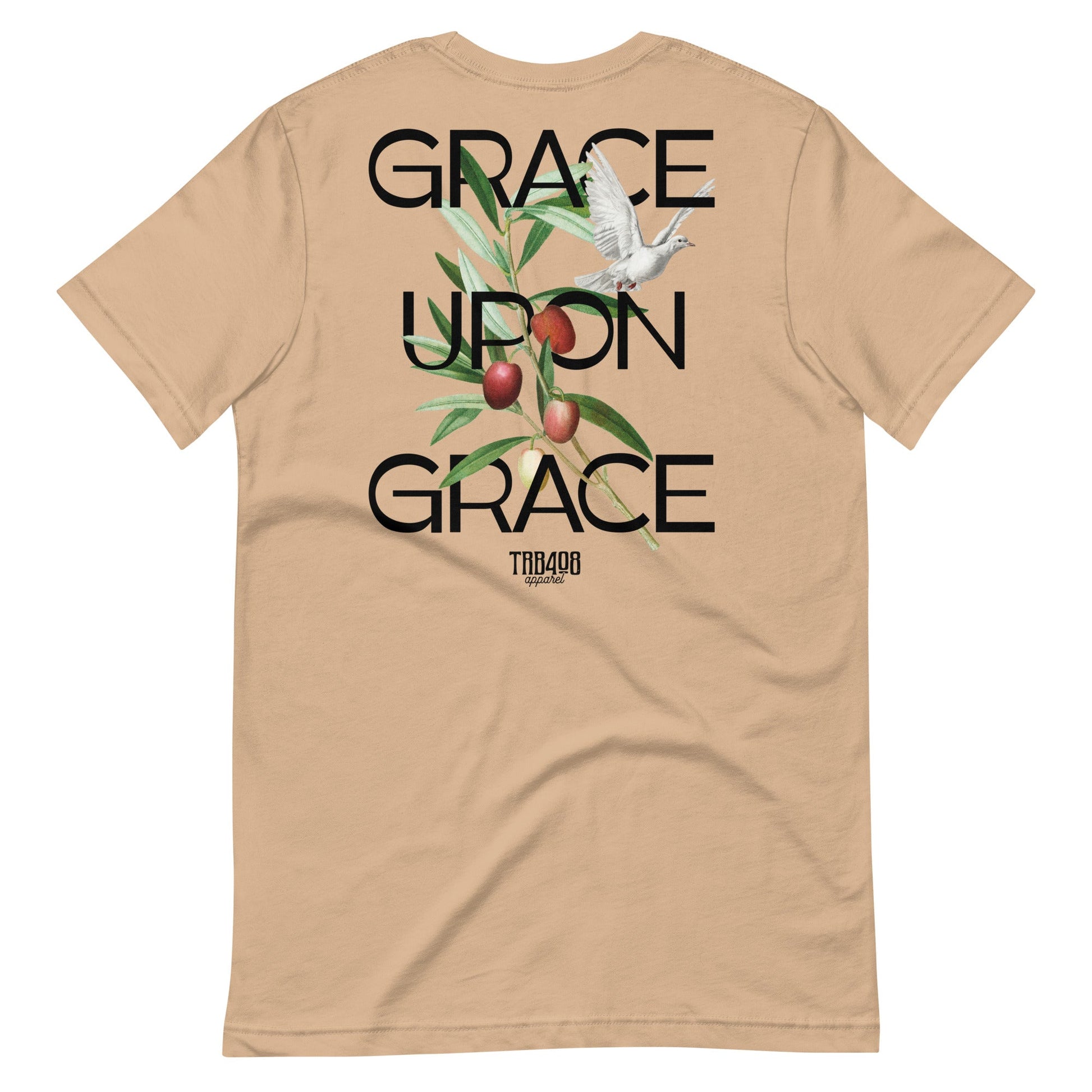 Tan short sleeve Grace Upon Grace Tee, Back, Christian Apparel