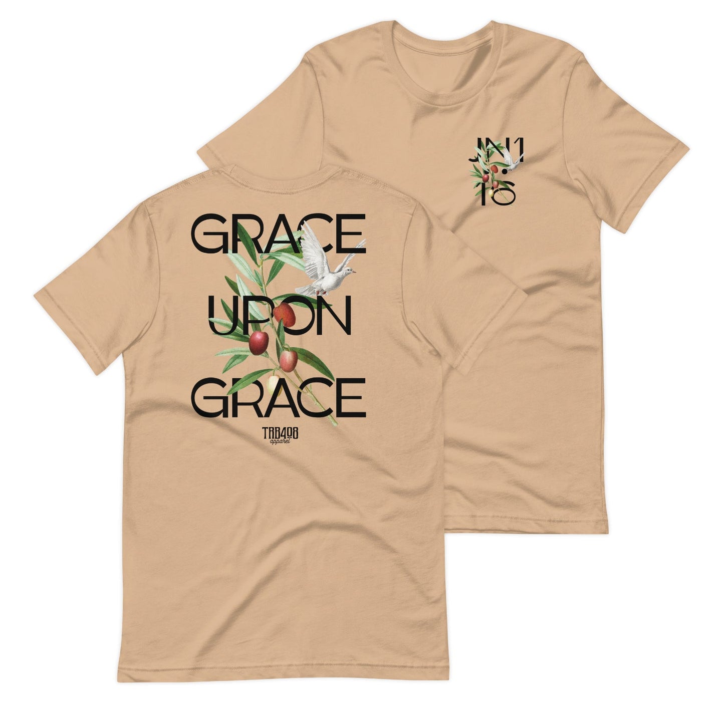Tan short sleeve Grace Upon Grace Tee, Front and Back, Christian Apparel