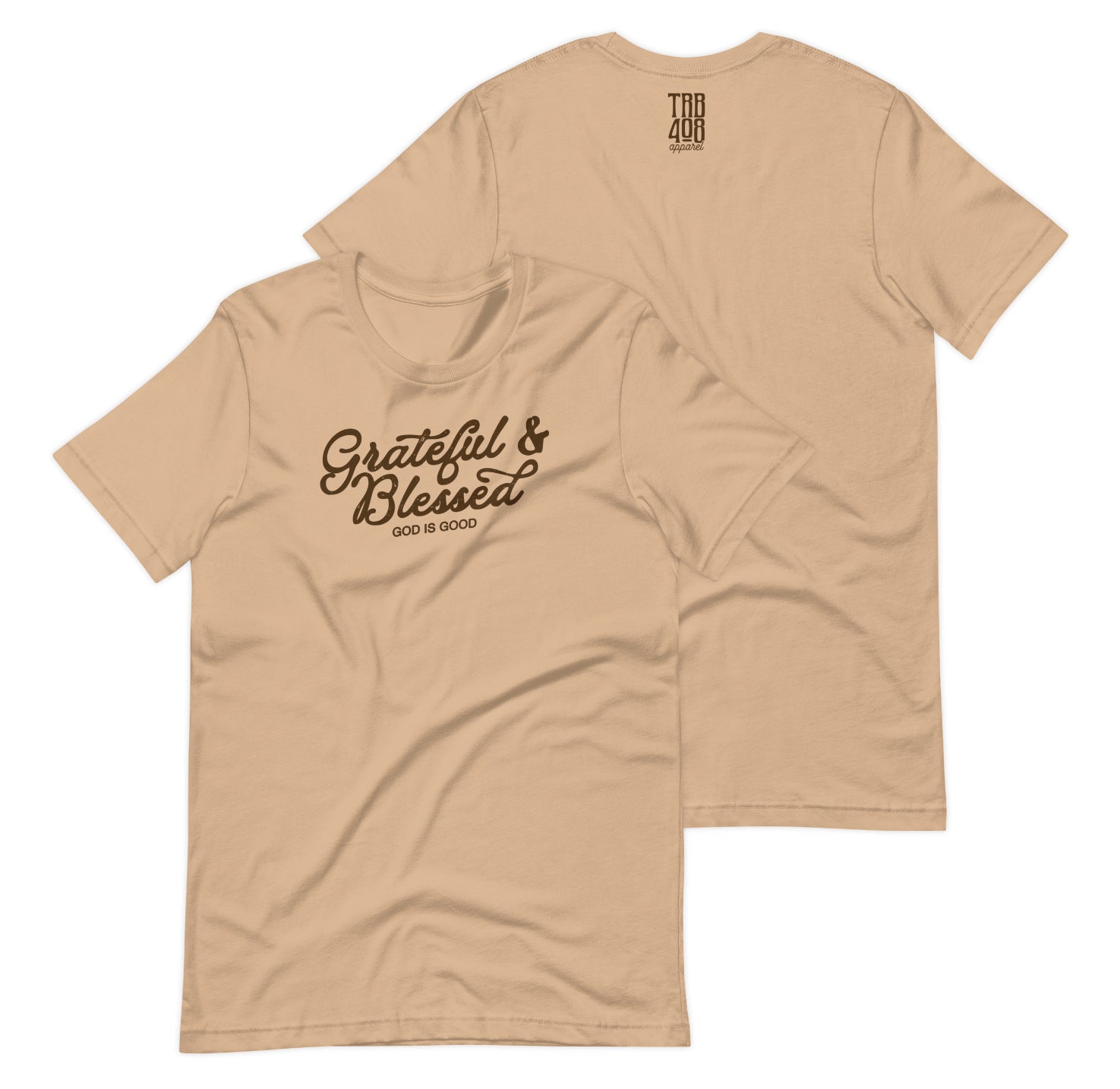 Tan short sleeve Grateful & Blessed Tee, Front and Back, Christian Apparel