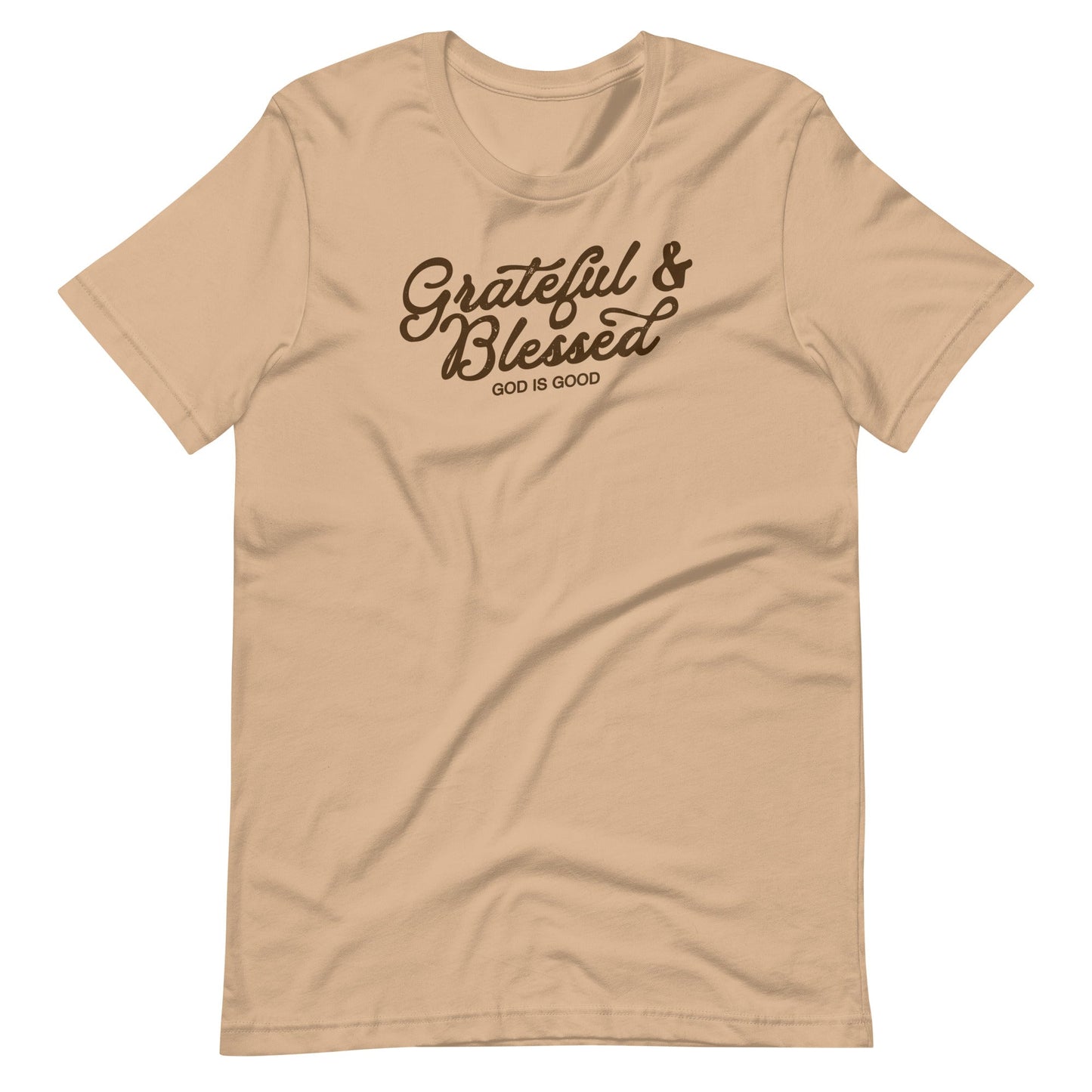 Tan short sleeve Grateful & Blessed Tee, Front, Christian Apparel