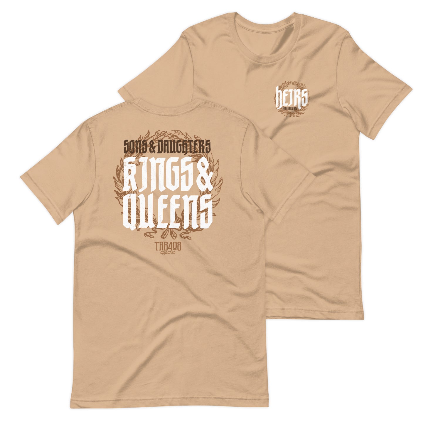 Tan short sleeve Heirs Tee, Front and Back, Christian Apparel