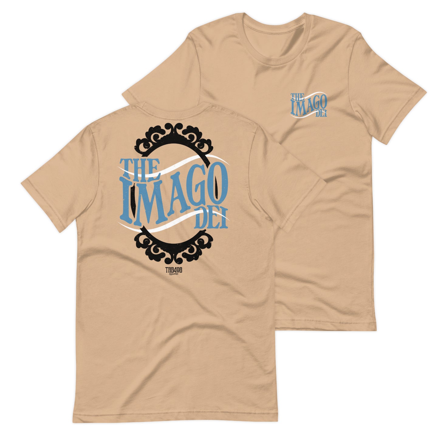 Tan short sleeve Imago Dei Tee, Front and Back, Christian Apparel