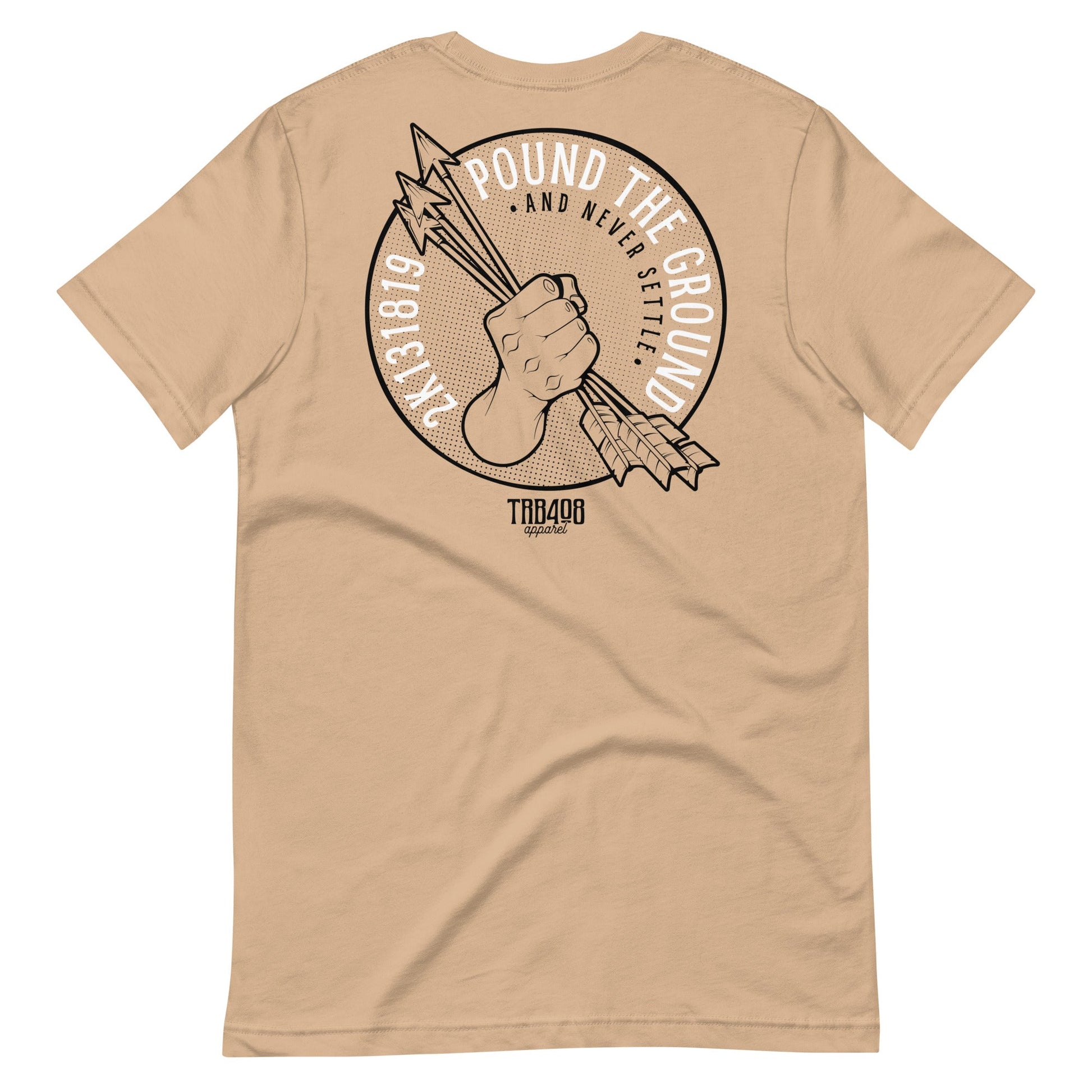 Tan short sleeve Never Settle Tee, Back, Christian Apparel