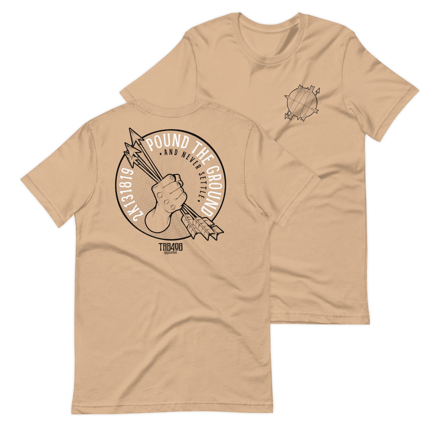 Tan short sleeve Never Settle Tee, Front and Back, Christian Apparel