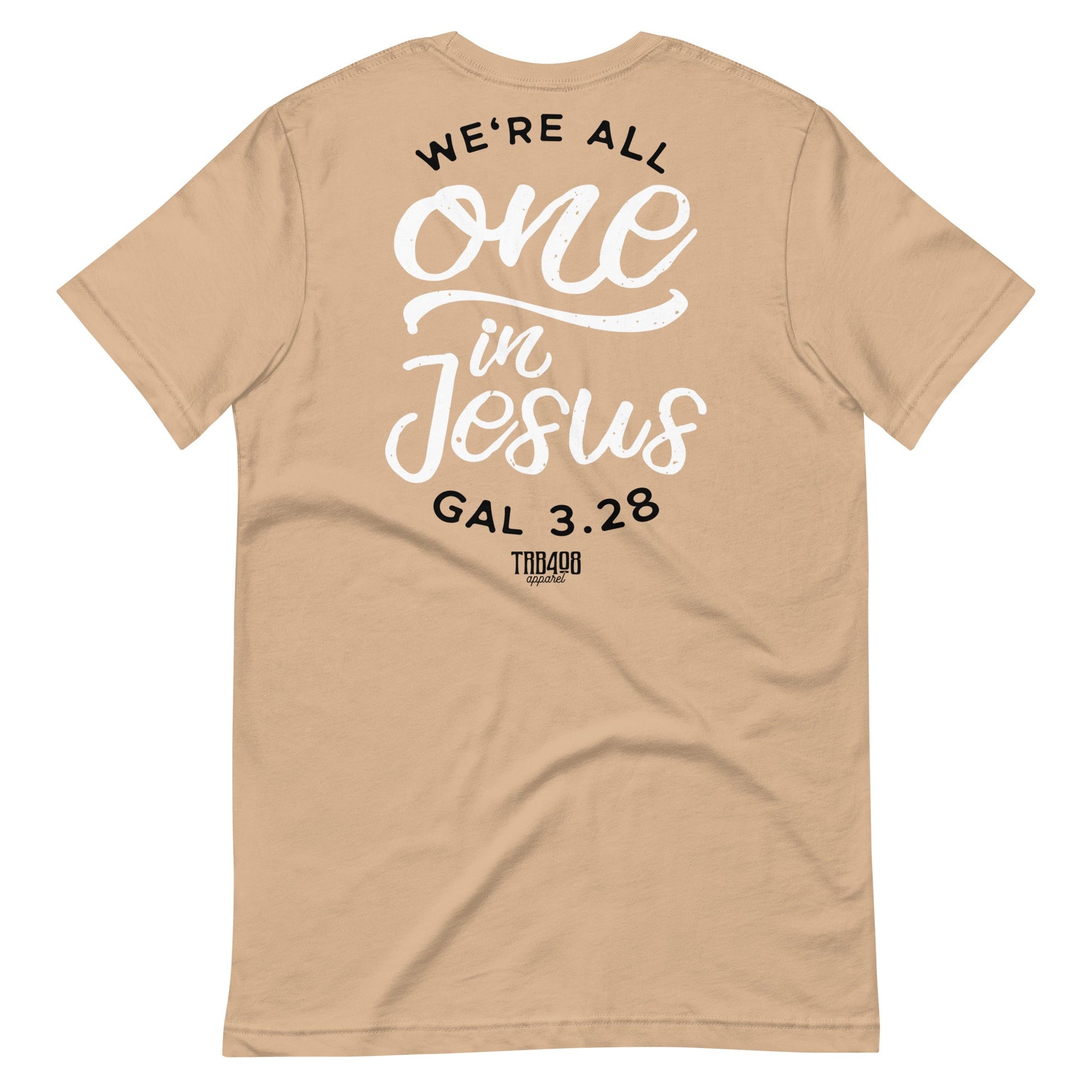 Tan short sleeve One In Jesus Tee, Back, Christian Apparel