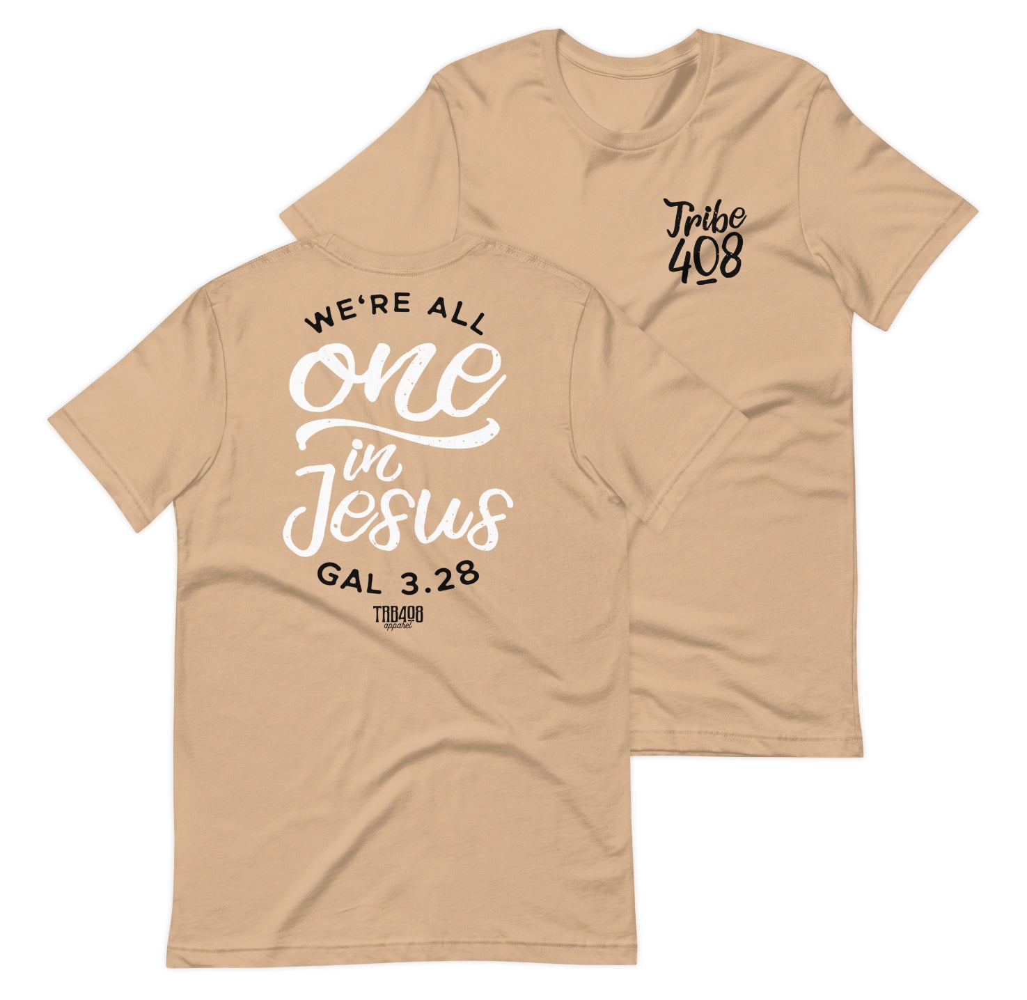 Tan short sleeve One In Jesus Tee, Front and Back, Christian Apparel