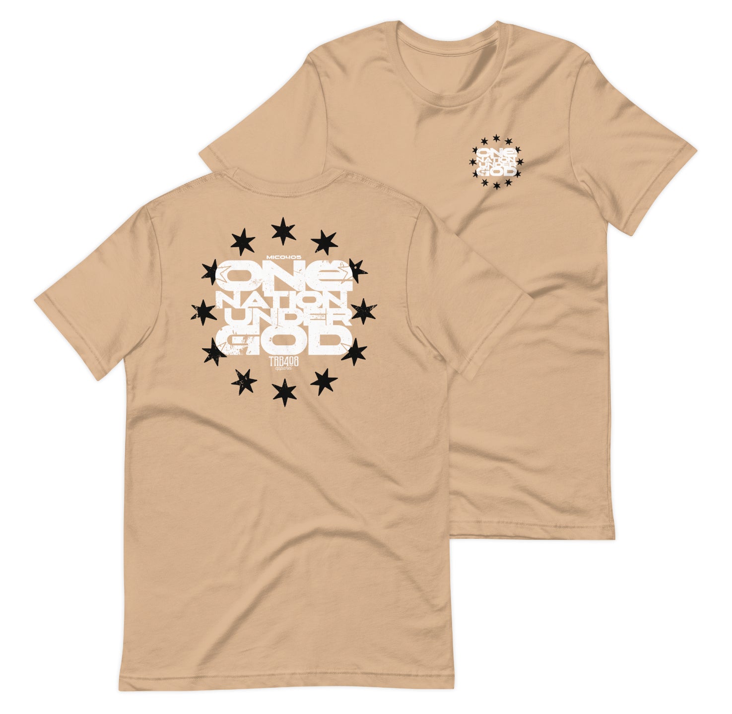 Tan short sleeve One Nation Star Ring Tee, Front and Back, Christian Apparel