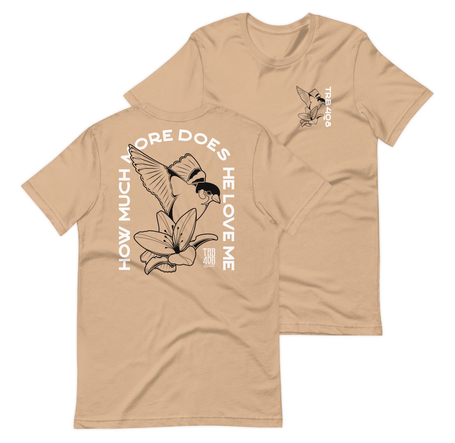Tan short sleeve Sparrow And Lily Tee, Front and Back, Christian Apparel