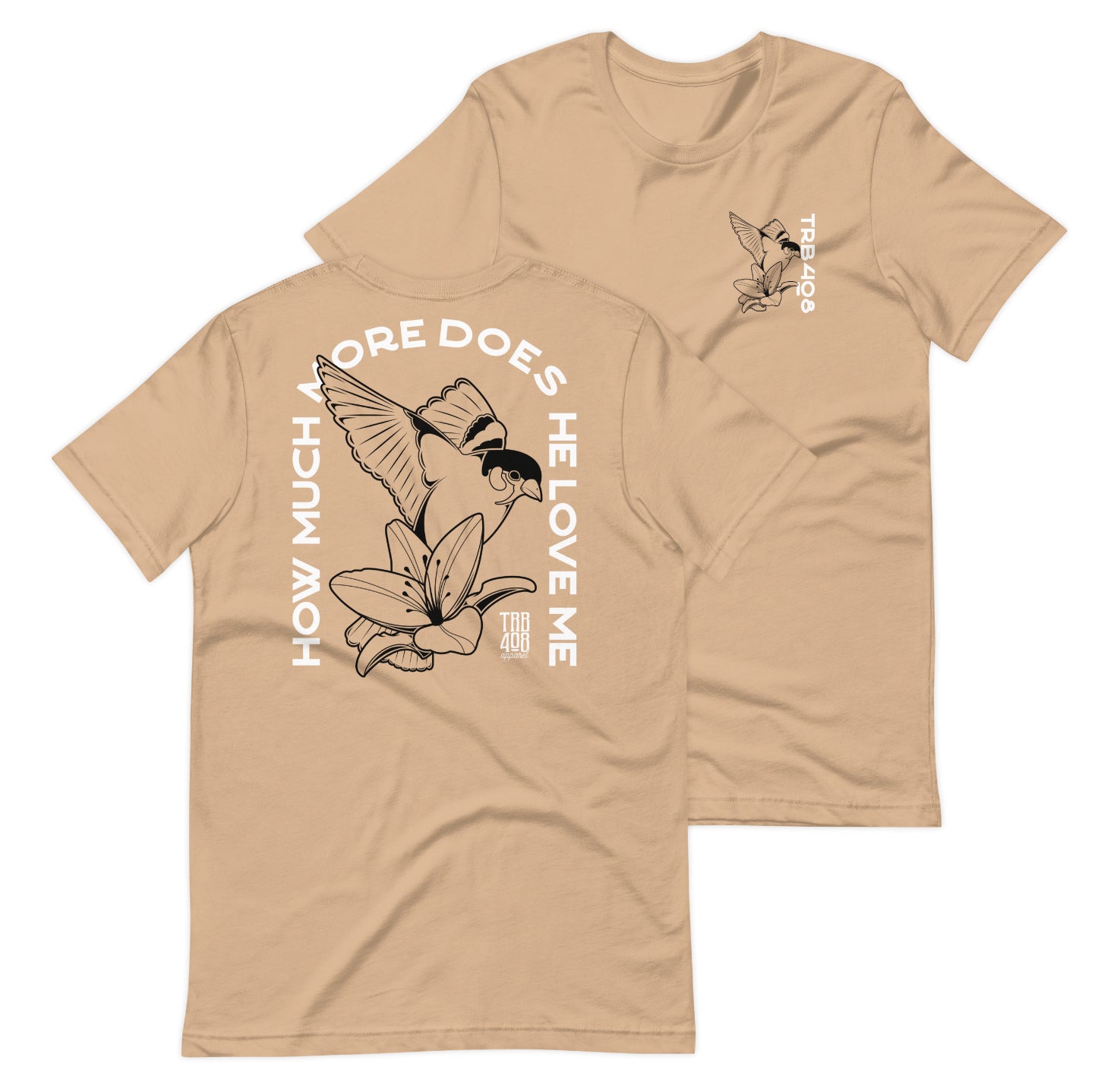 Tan short sleeve Sparrow And Lily Tee, Front and Back, Christian Apparel