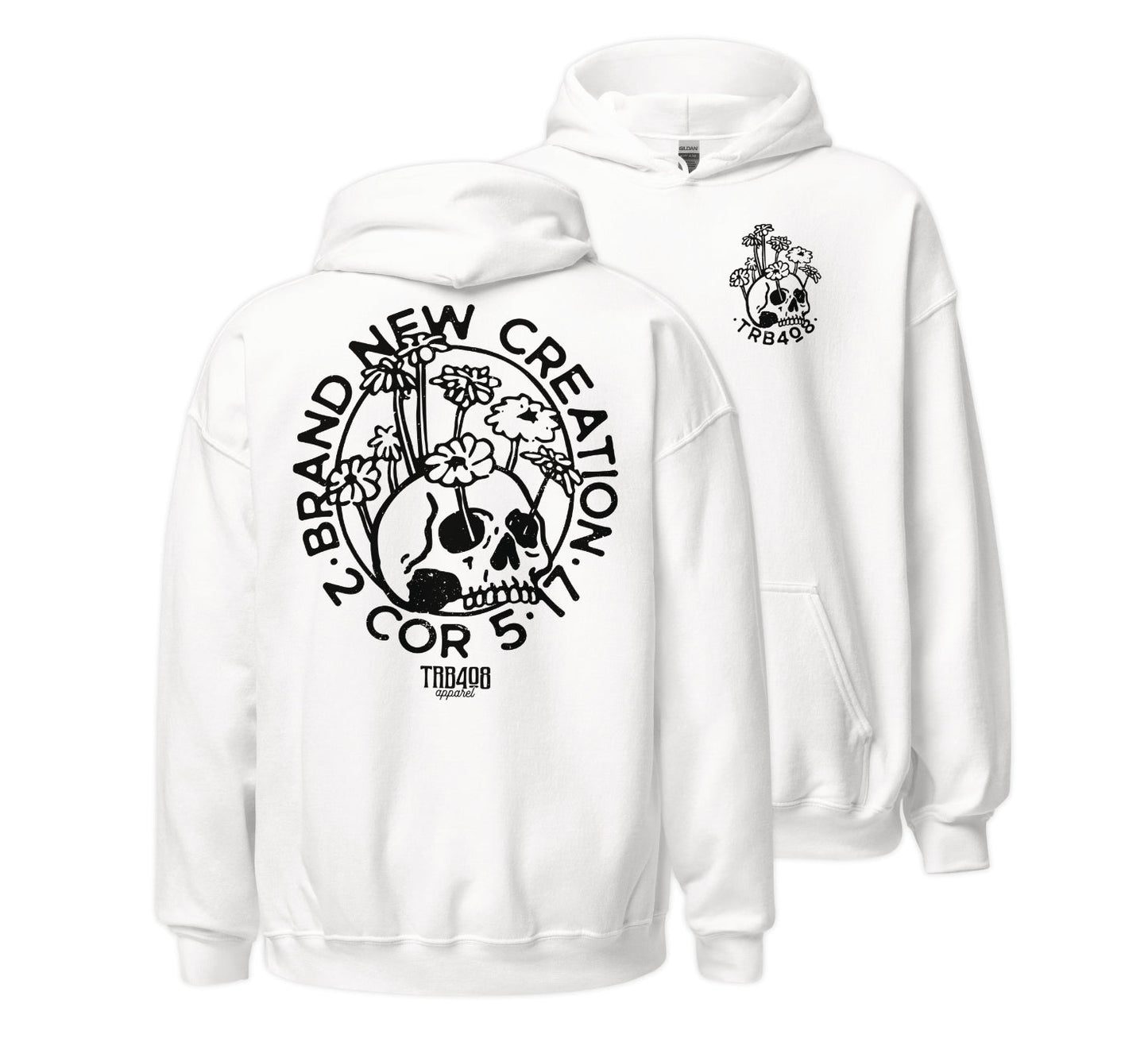 White Brand New Creation Hoodie, Front and Back, Christian Apparel