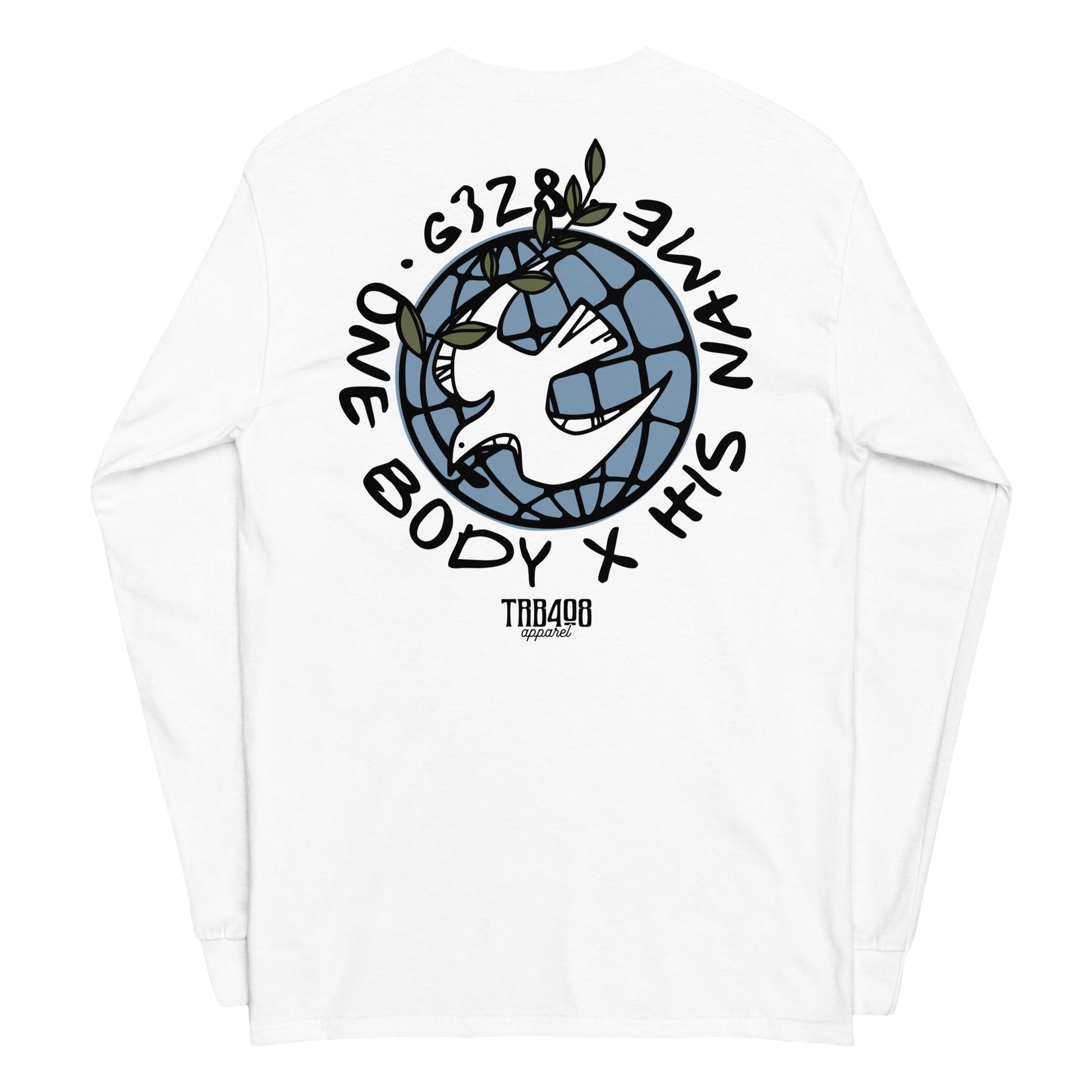 White long sleeve G328 Globe Tee, Back, Christian Apparel