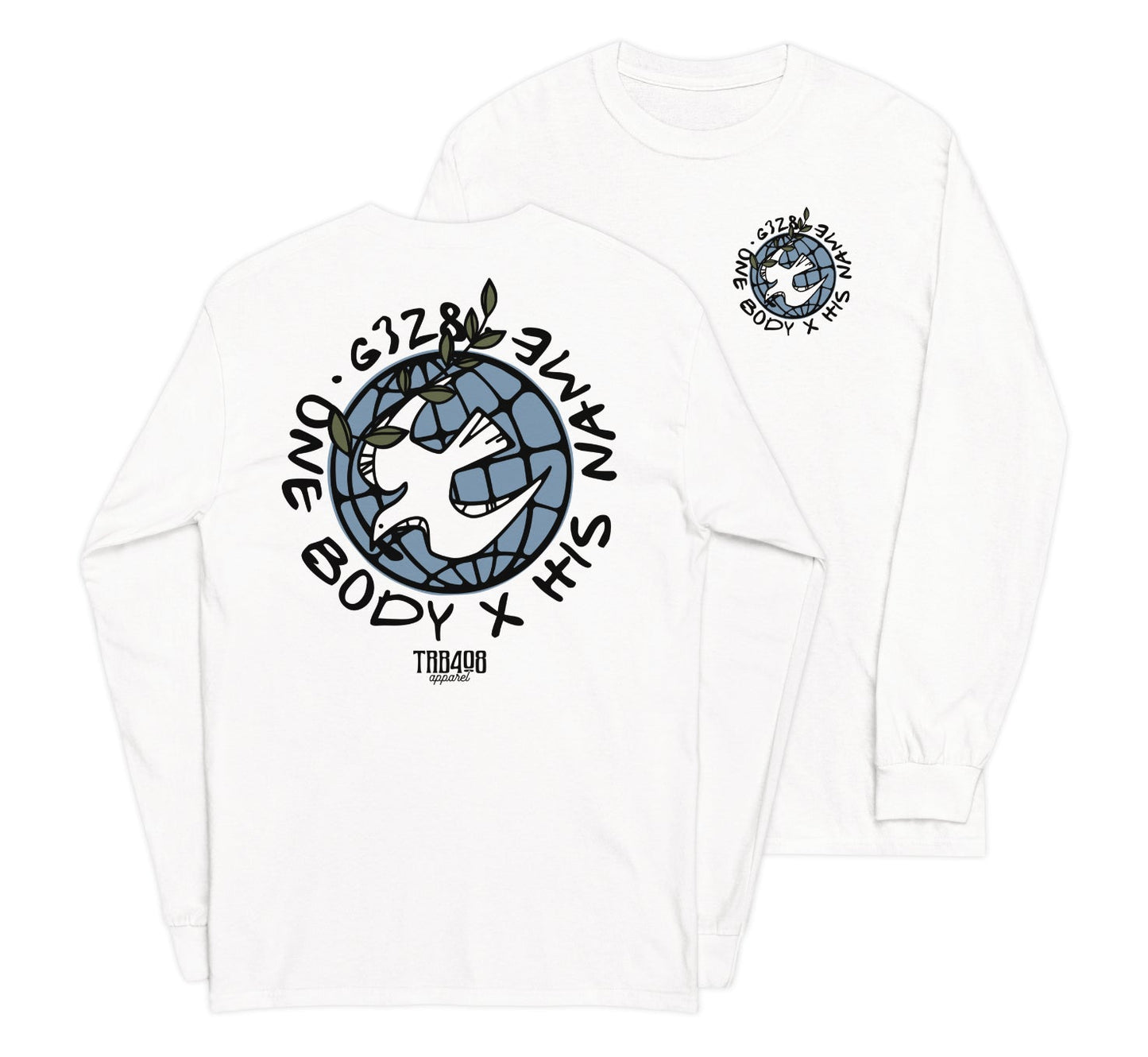 White long sleeve G328 Globe Tee, Front and Back, Christian Apparel