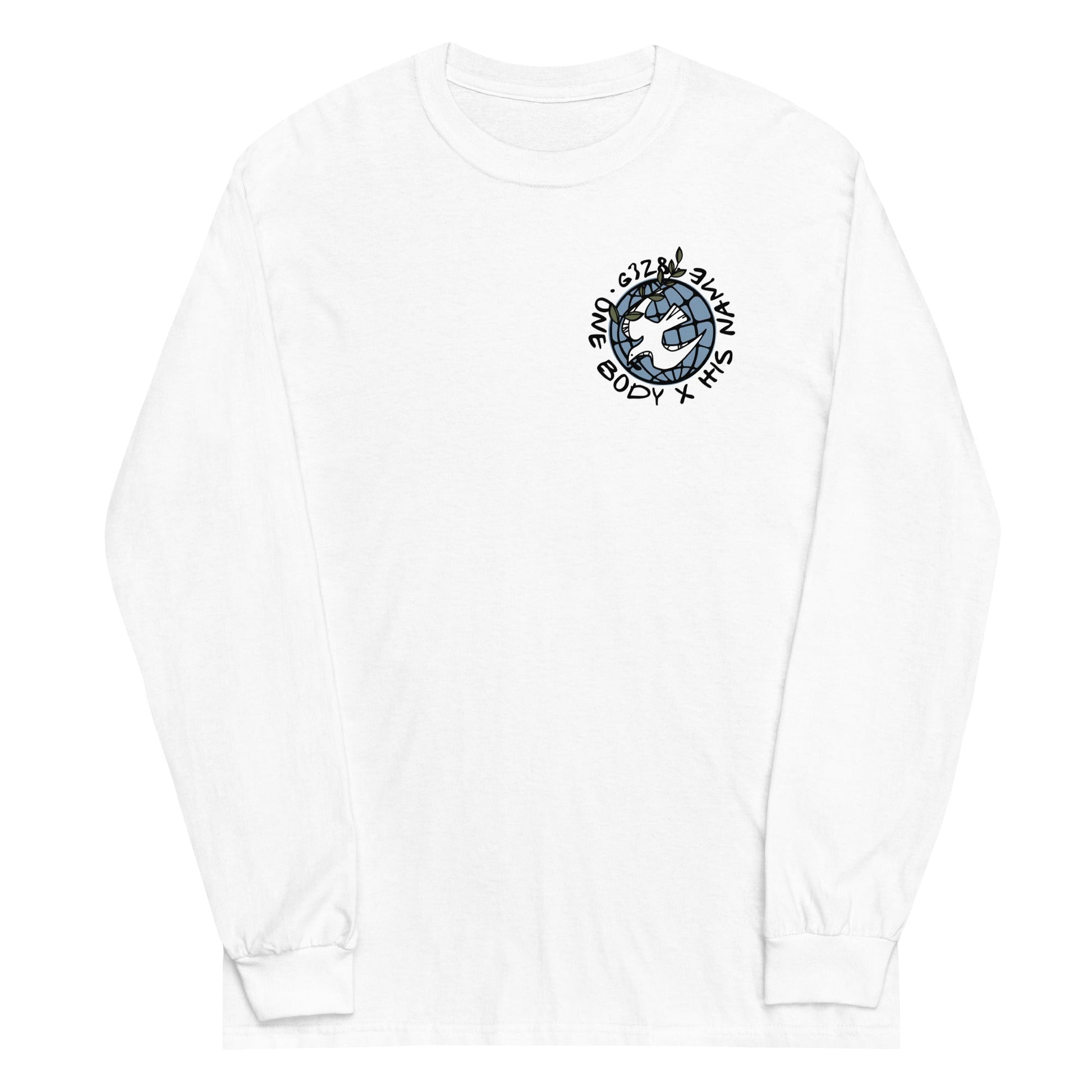 White long sleeve G328 Globe Tee, Front, Christian Apparel
