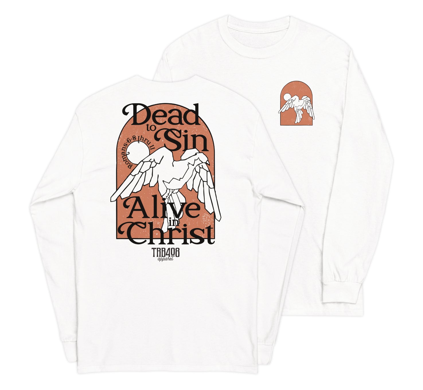 White long sleeve Alive In Christ Tee, Front and Back, Christian Apparel