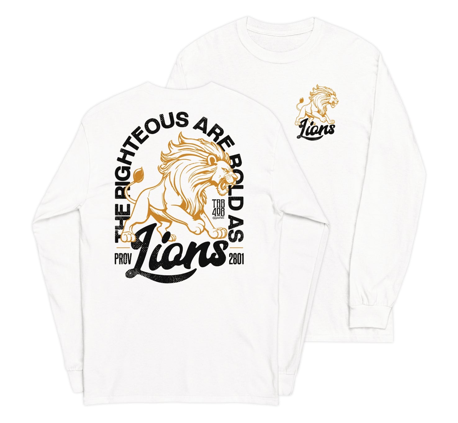 White long sleeve Bold As Lions Tee, Front and Back, Christian Apparel