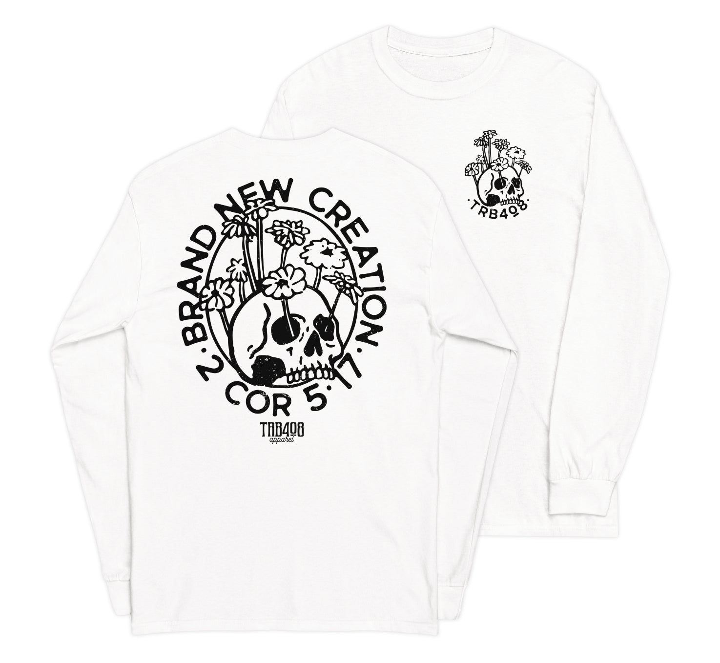 White long sleeve Brand New Creation Tee, Front and Back, Christian Apparel