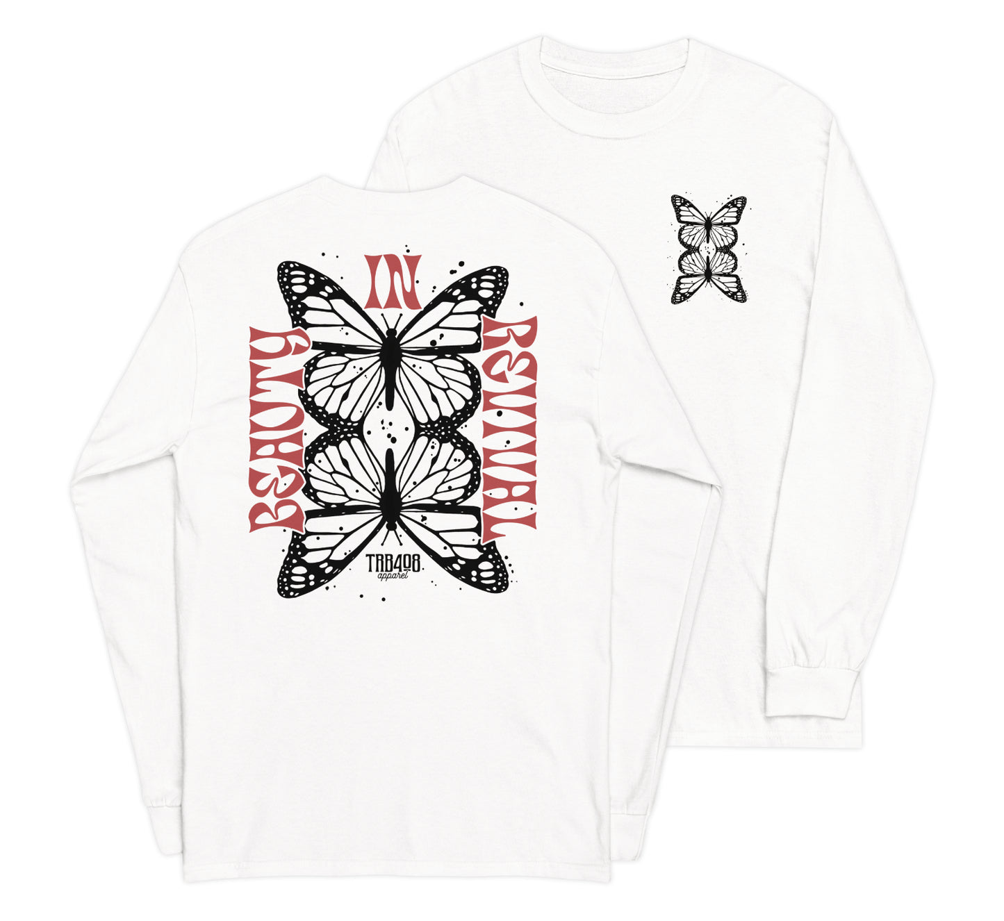 White long sleeve Butterfly Tee, Front and Back, Christian Apparel