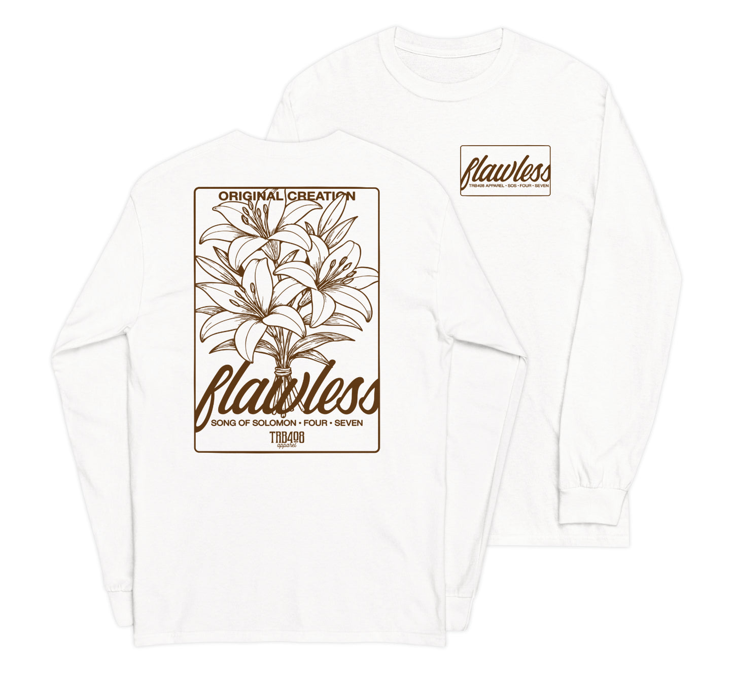 White long sleeve Flawless Rose 2.0 Tee, Front and Back, Christian Apparel