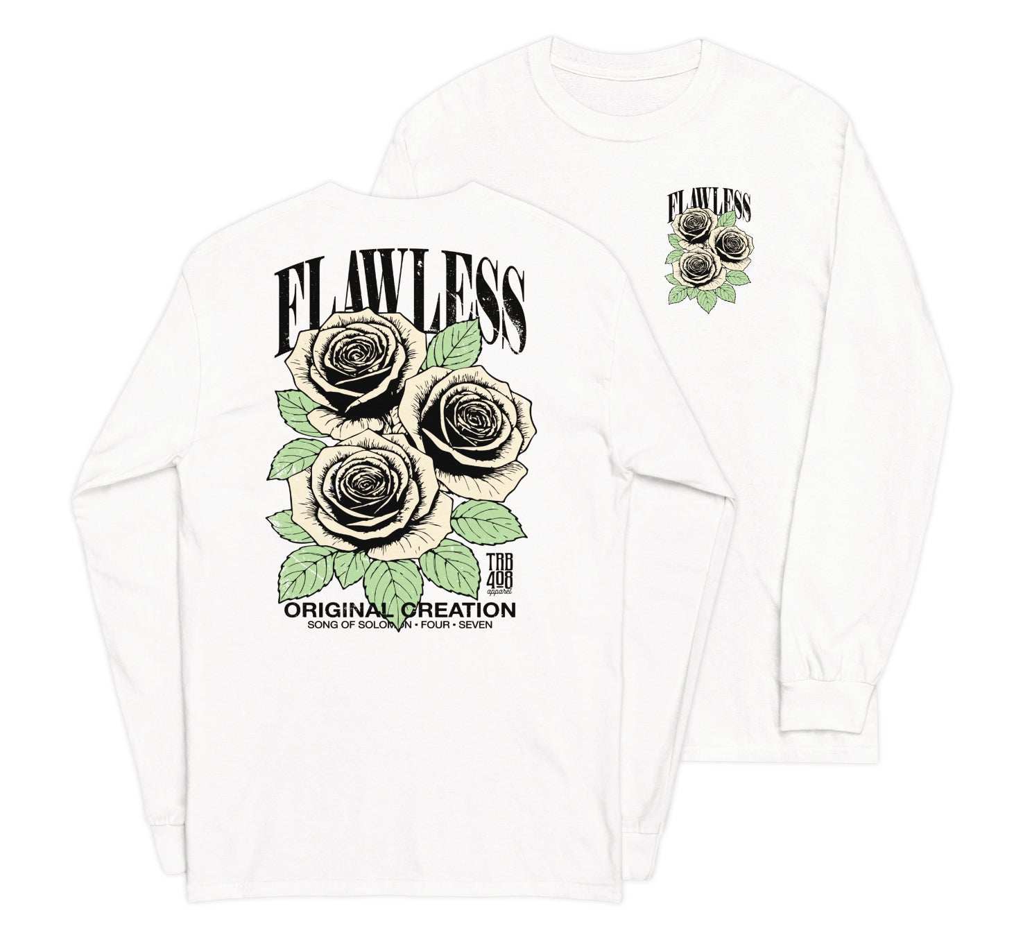 White long sleeve Flawless Rose Tee, Front and Back, Christian Apparel