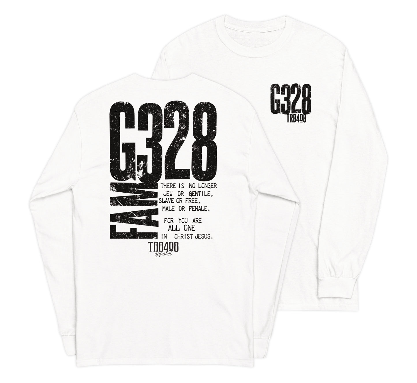 White long sleeve G-Fam Tee, Front and Back, Christian Apparel