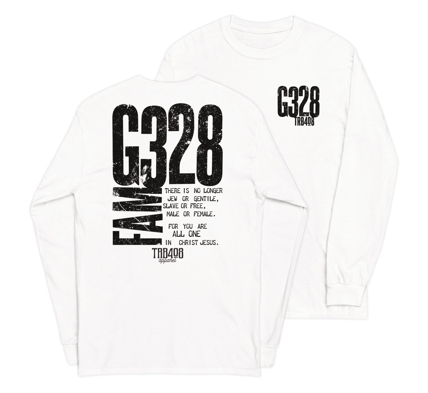 White long sleeve G-Fam Tee, Front and Back, Christian Apparel