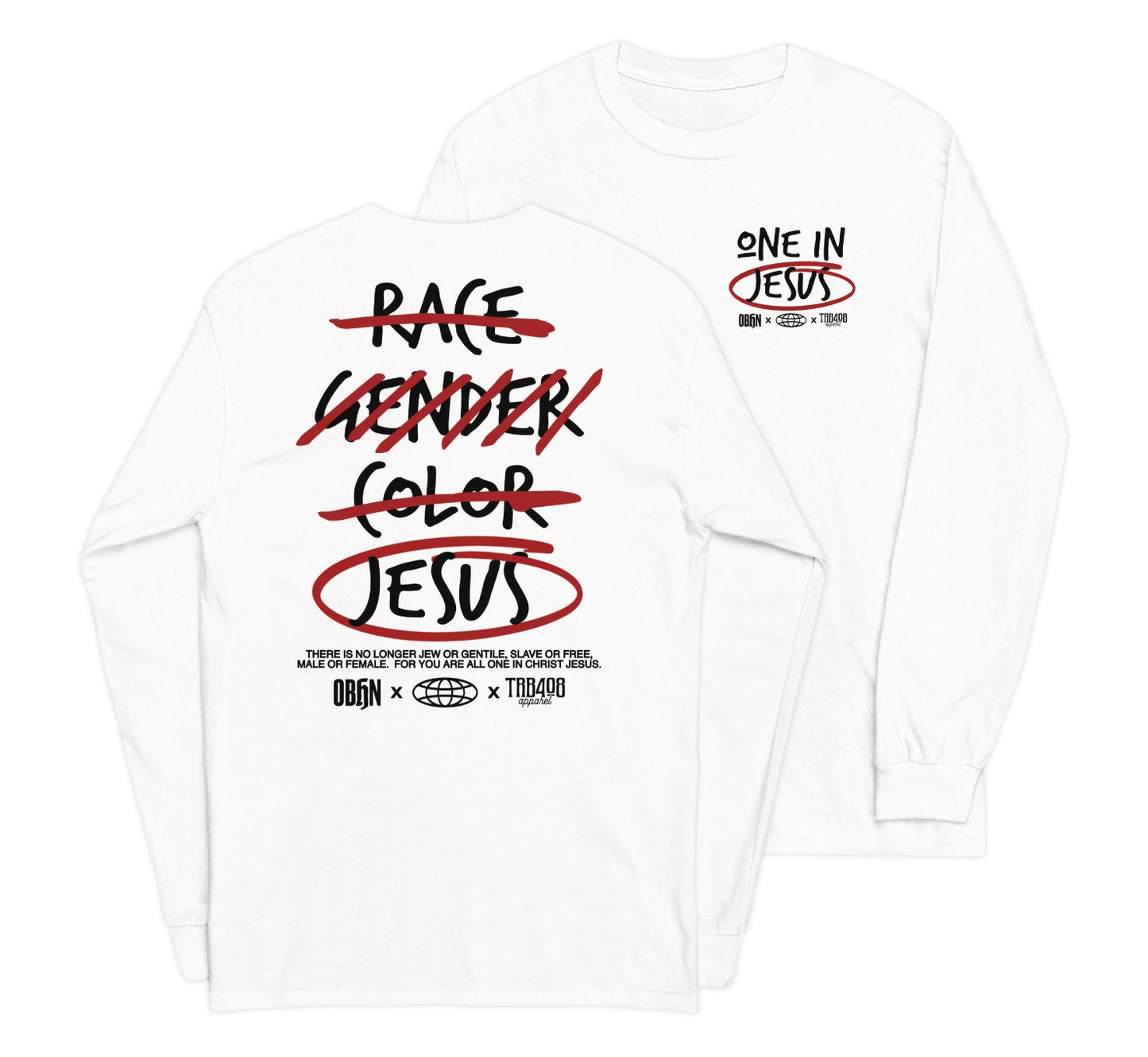 White long sleeve G328 Cross-Out Tee, Front and Back, Christian Apparel