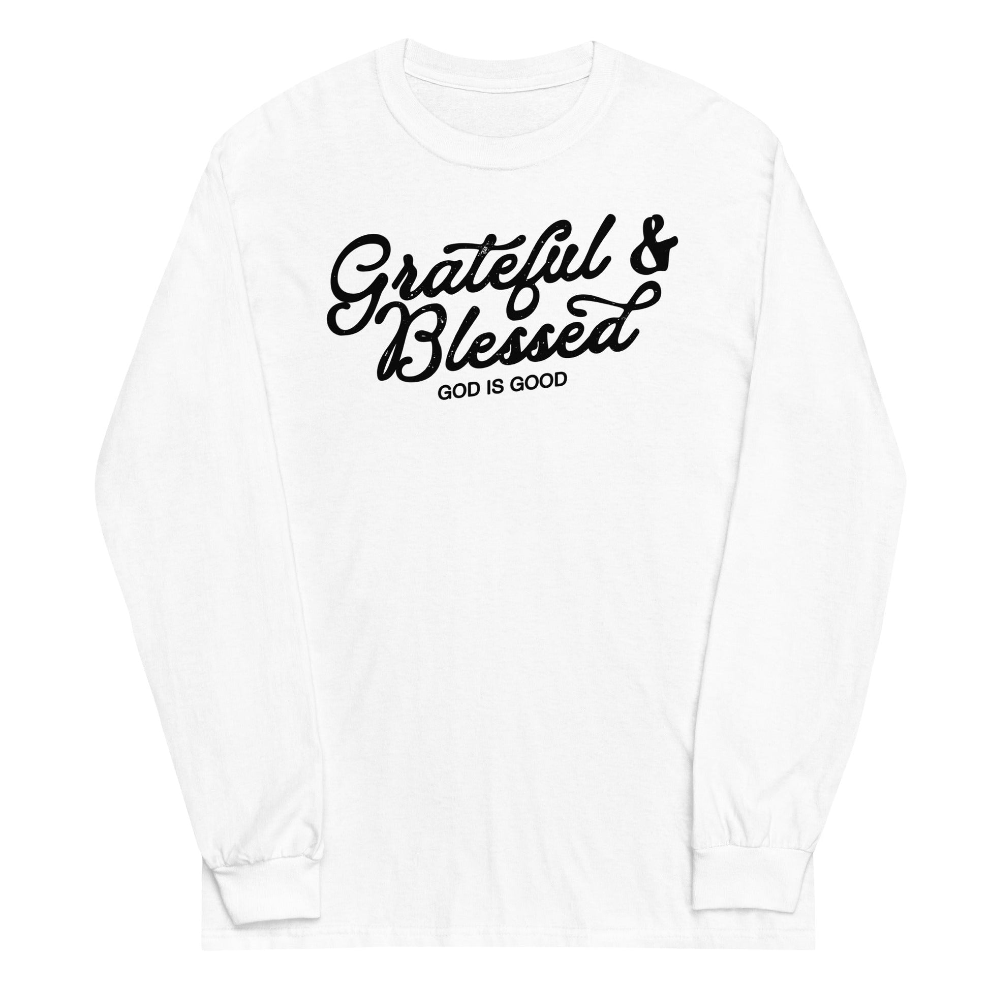 White long sleeve Grateful & Blessed Tee, Front, Christian Apparel